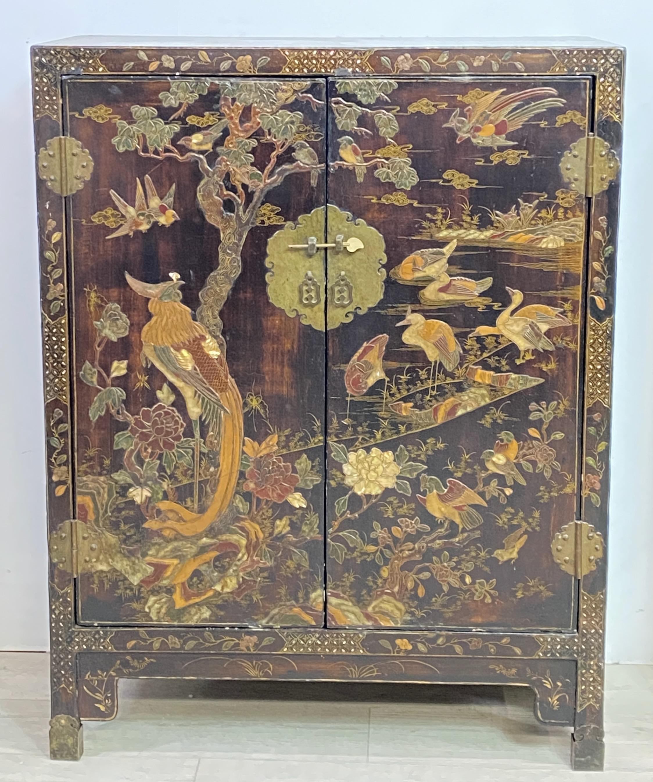  Pair of Chinese Laquer and Hardstone Cabinets, Late 19th - Early 20th Century In Good Condition For Sale In San Francisco, CA