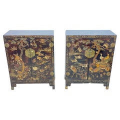 Antique  Pair of Chinese Laquer and Hardstone Cabinets, Late 19th - Early 20th Century