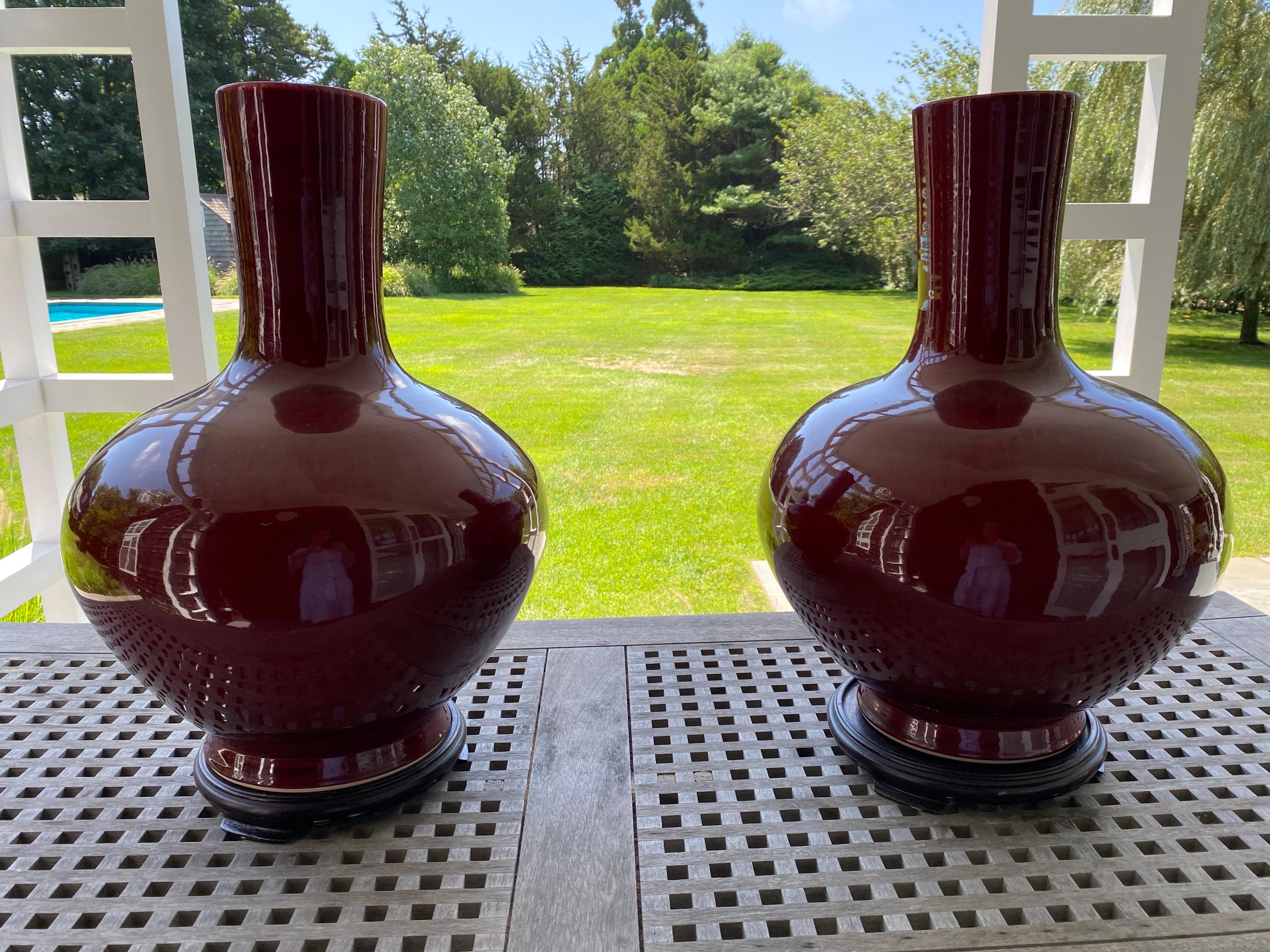 Pair of Chinese Large Sang-de-boeuf Glazed Red Vases, Early 20th Century 2