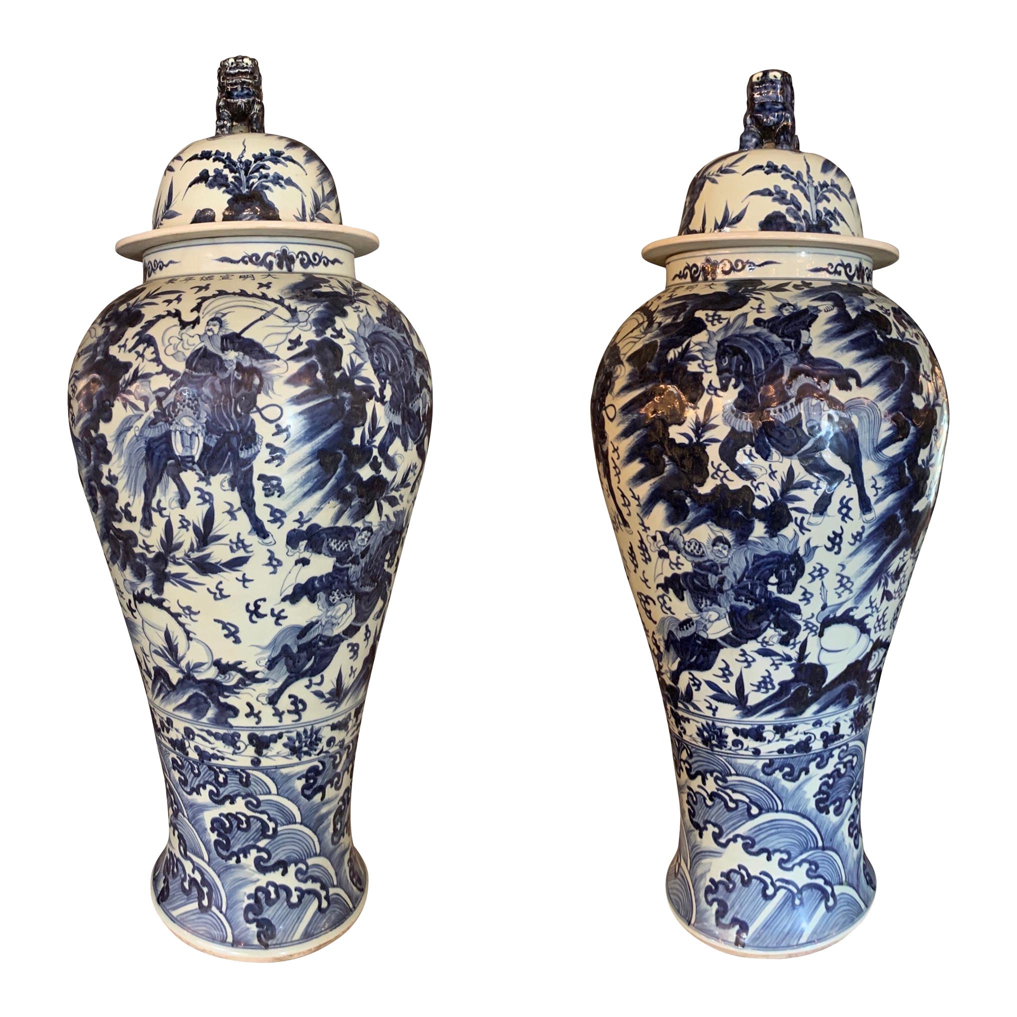 Pair of Chinese Large Scale Blue and White Lidded Vases