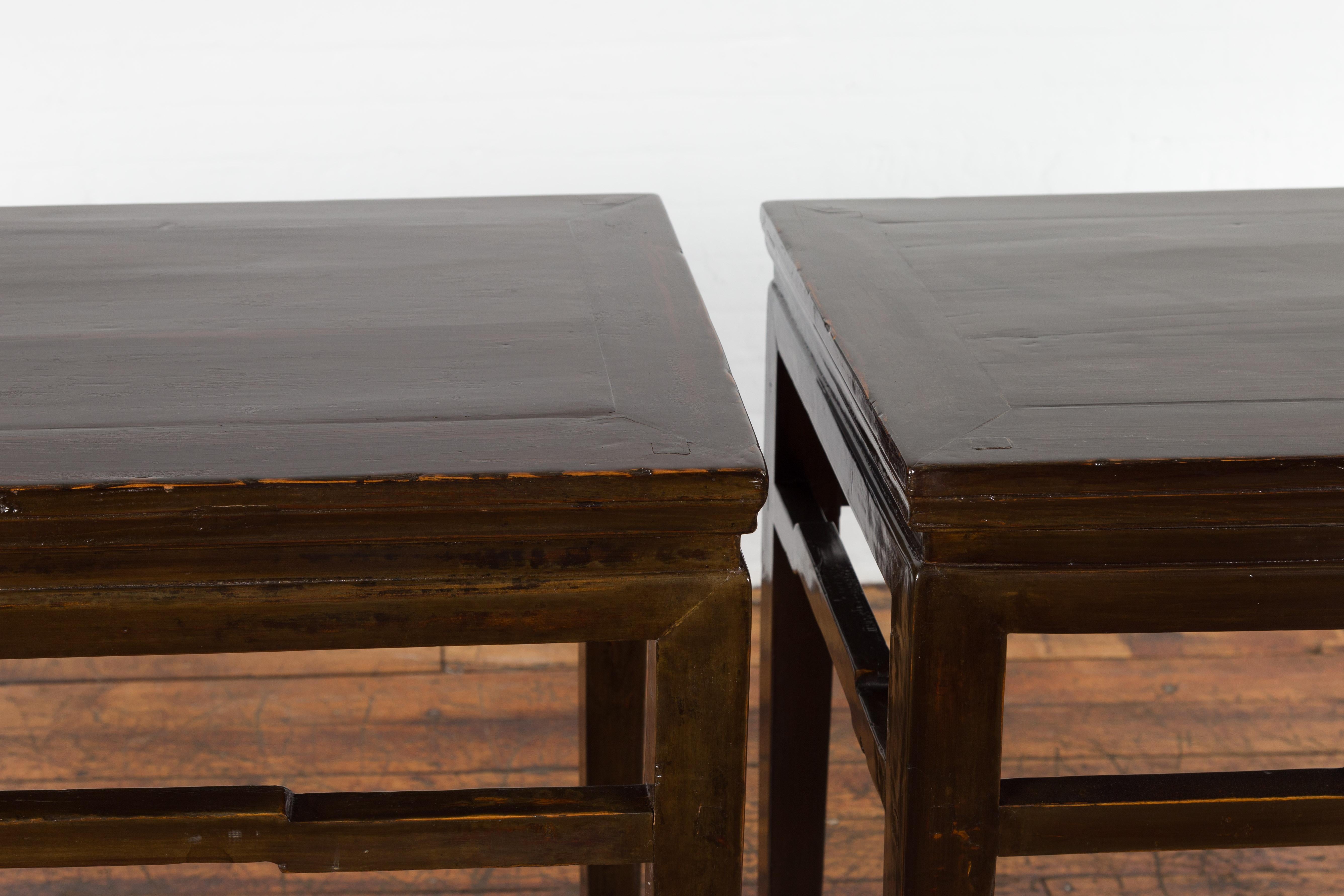 Pair of Chinese Late Qing Dynasty Elm Wine Tables with Humpback Stretchers 8