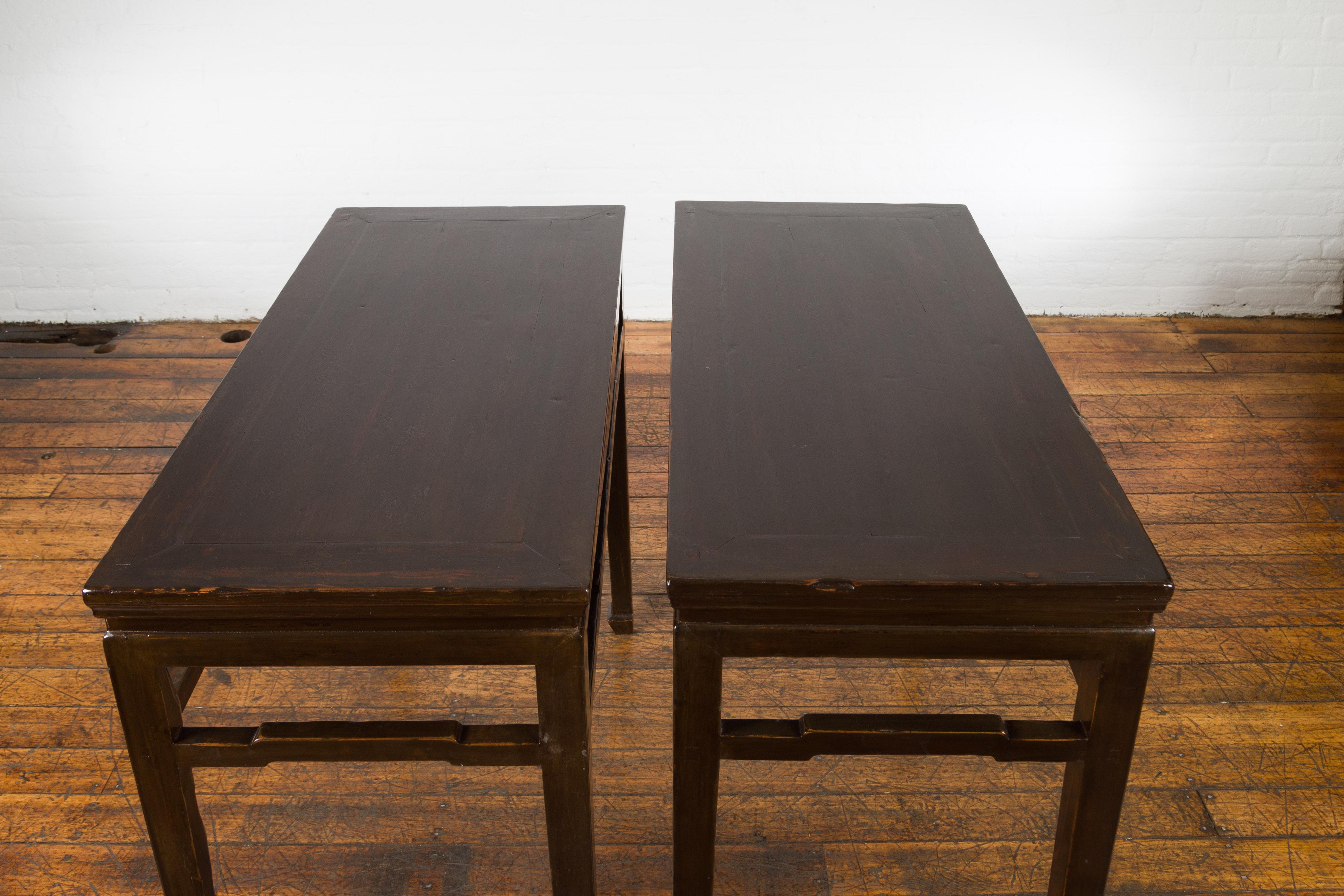 Pair of Chinese Late Qing Dynasty Elm Wine Tables with Humpback Stretchers 11