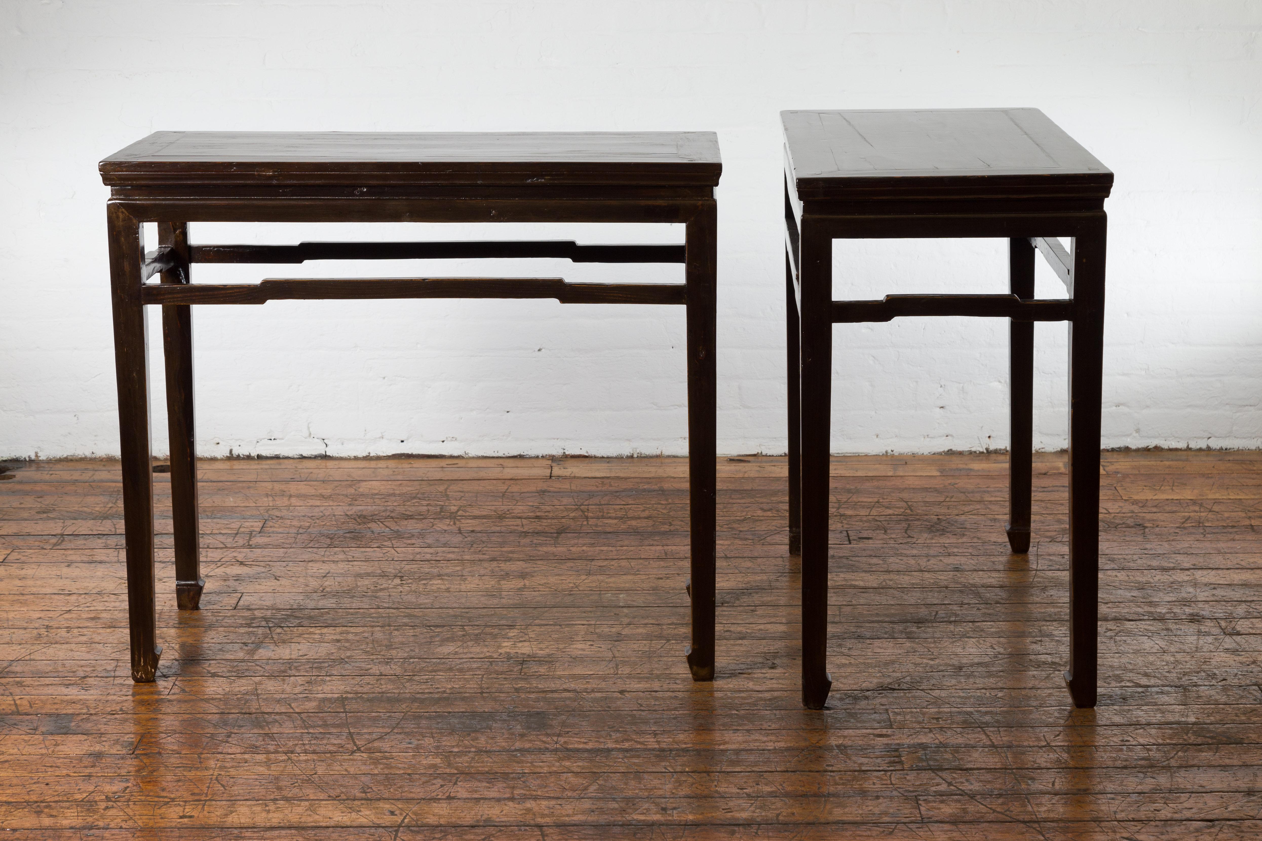 Carved Pair of Chinese Late Qing Dynasty Elm Wine Tables with Humpback Stretchers