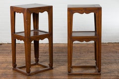 Pair of Late Qing Dynasty Tiered Lamp Tables with Carved Aprons