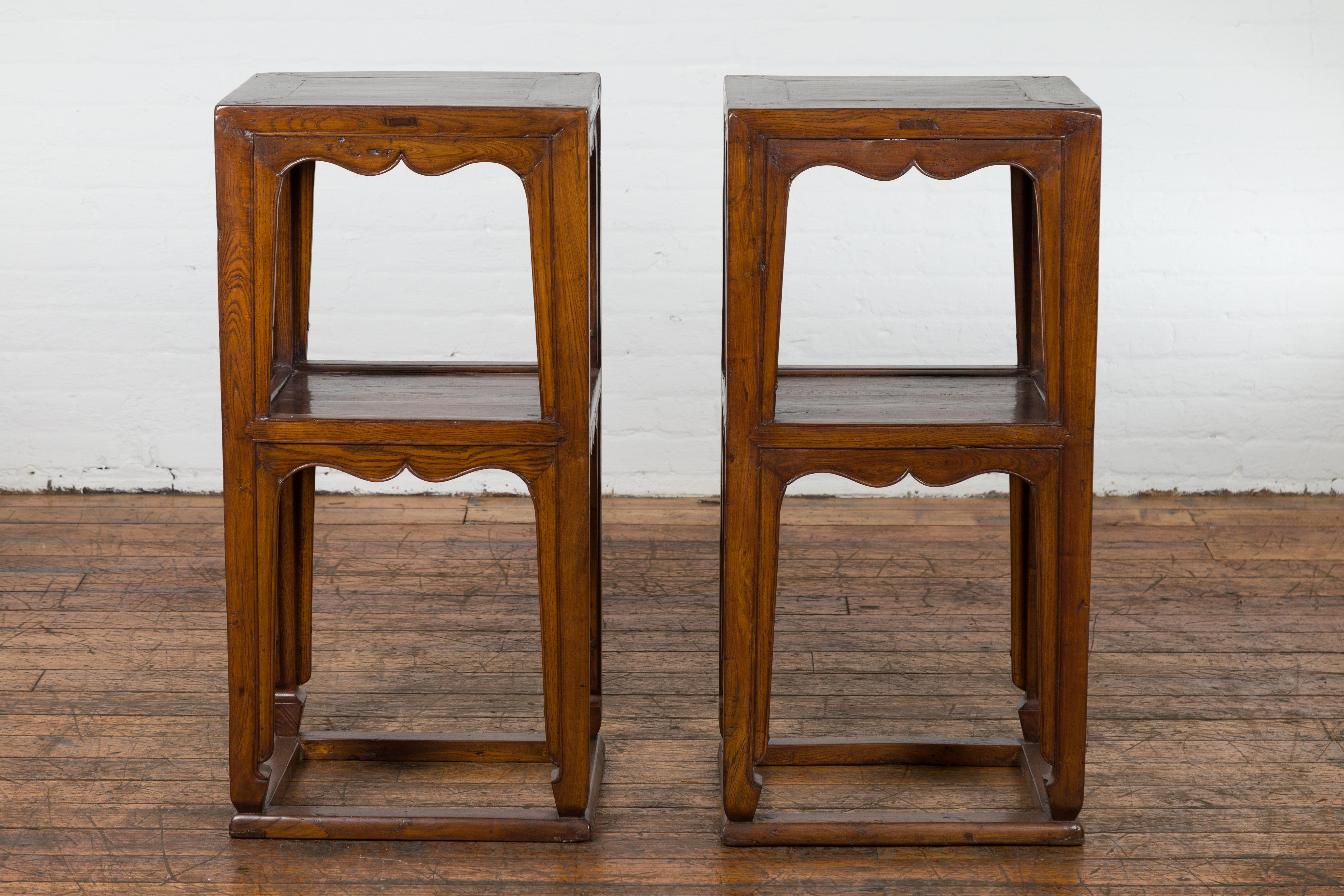 20th Century Pair of Chinese Late Qing Dynasty Tiered Lamp Tables with Carved Aprons For Sale