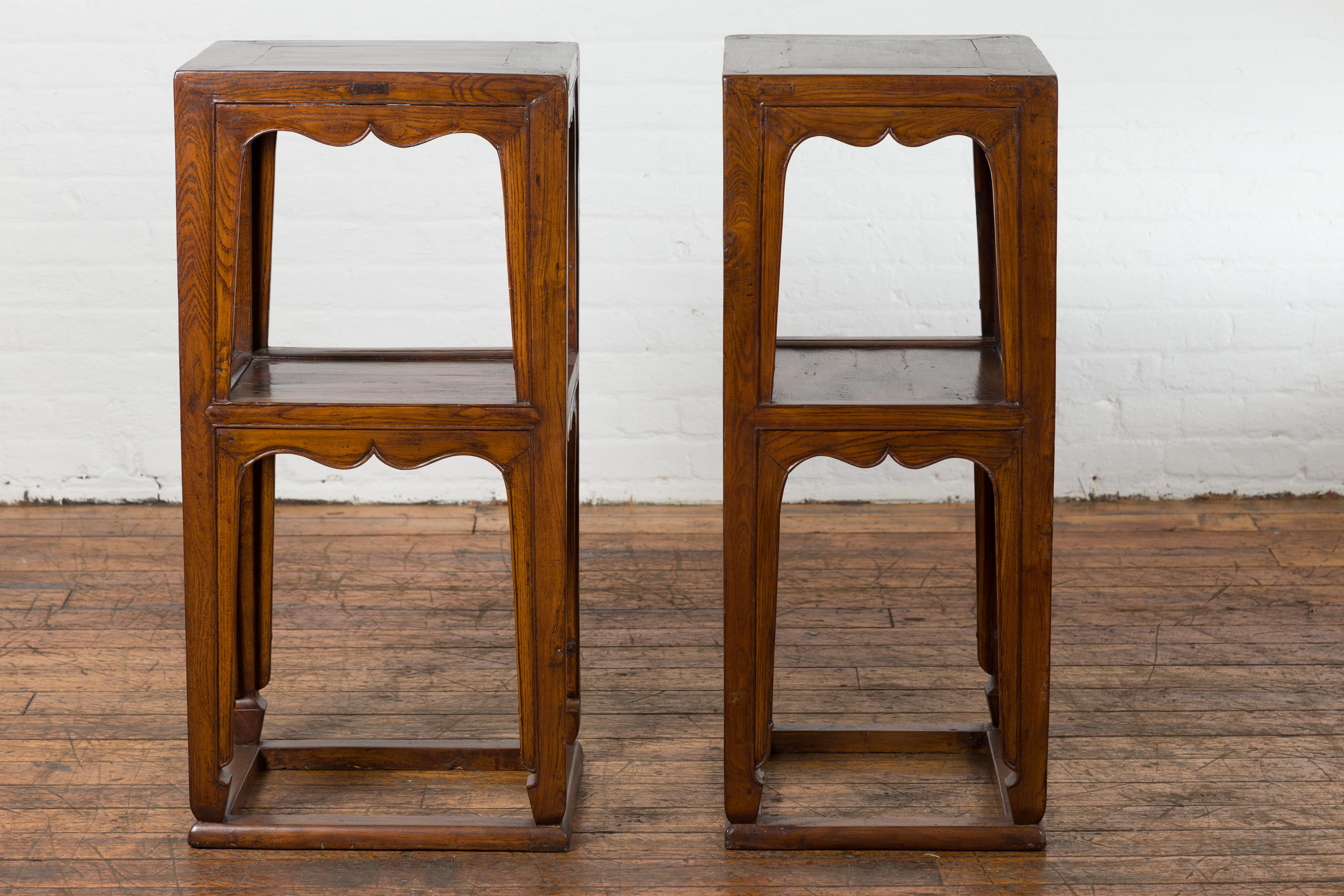 Wood Pair of Chinese Late Qing Dynasty Tiered Lamp Tables with Carved Aprons For Sale
