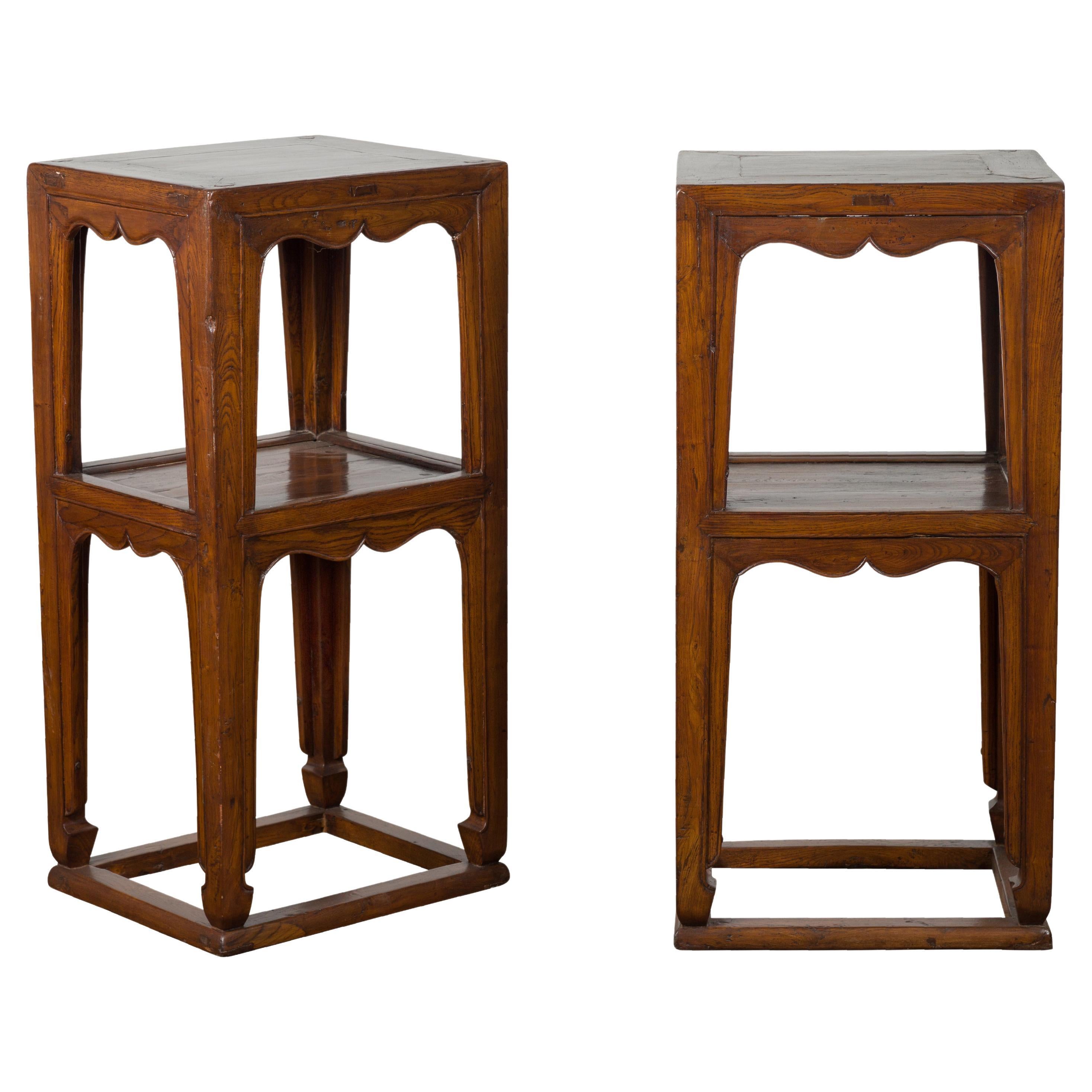 Pair of Chinese Late Qing Dynasty Tiered Lamp Tables with Carved Aprons For Sale