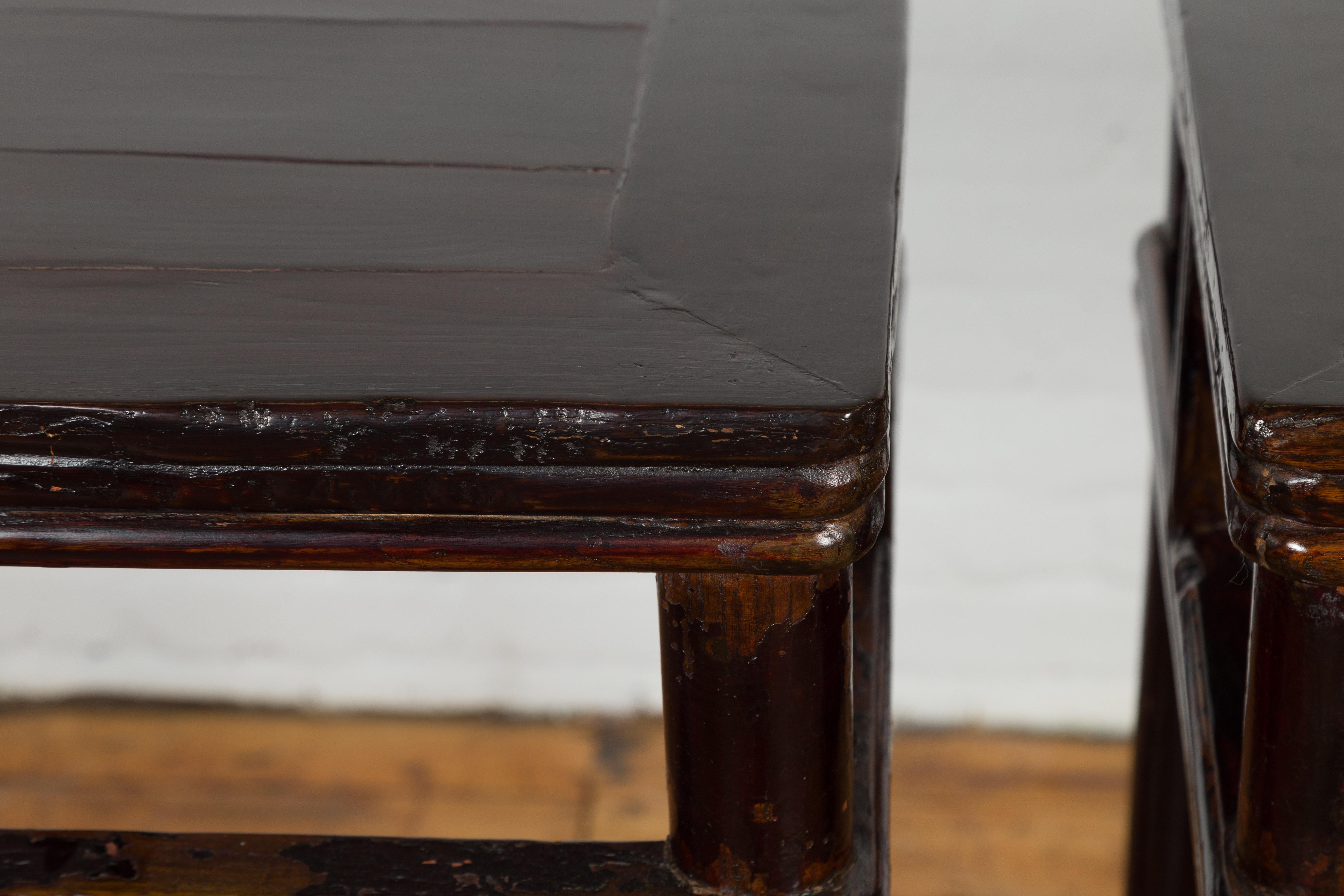 Pair of Chinese Late Qing Dynasty Wine Console Tables with Black Brown Lacquer For Sale 3