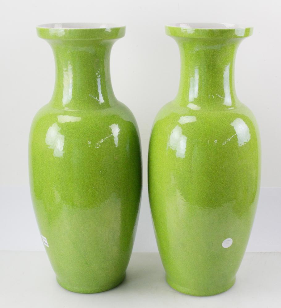 Hand-Crafted Pair of Chinese Lime/Apple Green Baluster/Urn Form Crackle Vases 