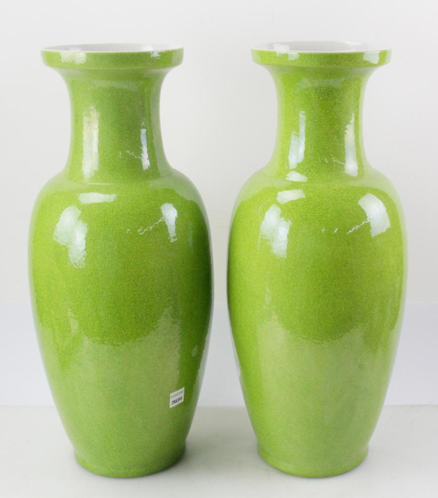 Pair of Chinese Lime/Apple Green Baluster/Urn Form Crackle Vases  In Good Condition In Essex, MA