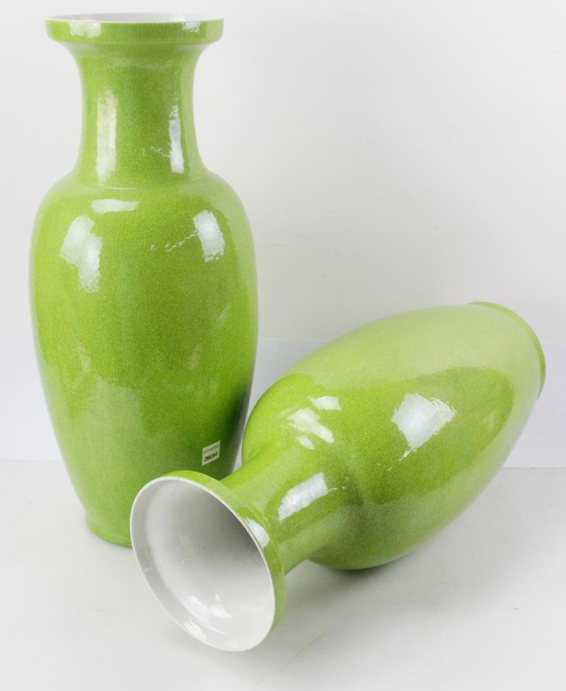 20th Century Pair of Chinese Lime/Apple Green Baluster/Urn Form Crackle Vases 