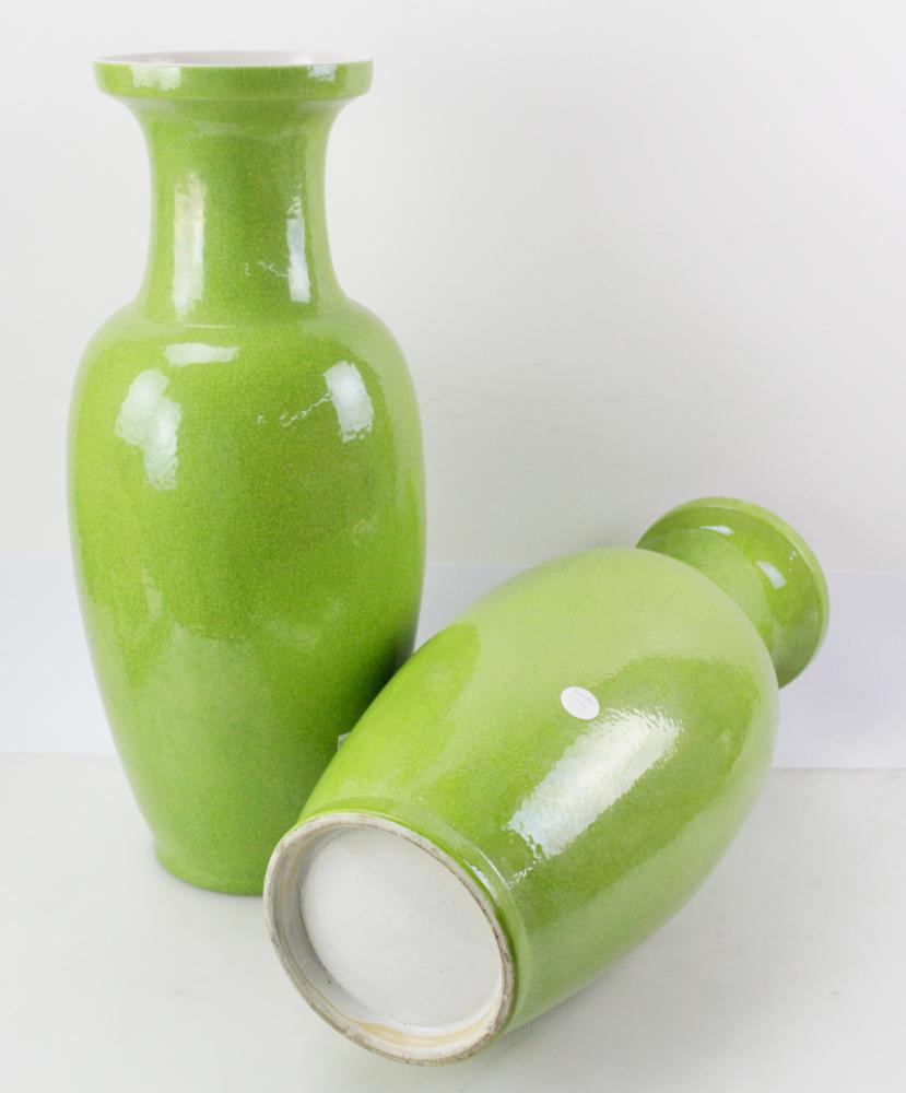 Ceramic Pair of Chinese Lime/Apple Green Baluster/Urn Form Crackle Vases
