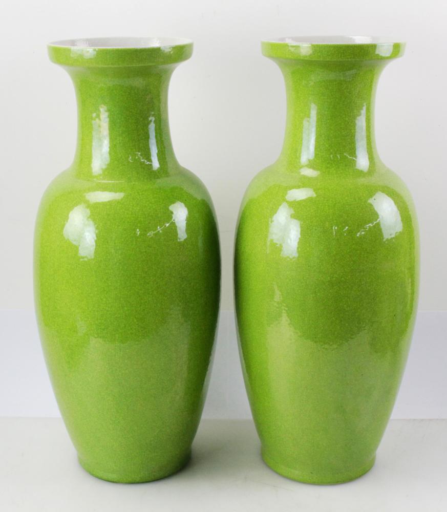 Pair of Chinese Lime/Apple Green Baluster/Urn Form Crackle Vases  1