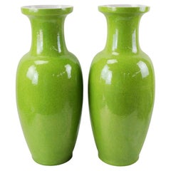 Pair of Chinese Lime/Apple Green Baluster/Urn Form Crackle Vases 