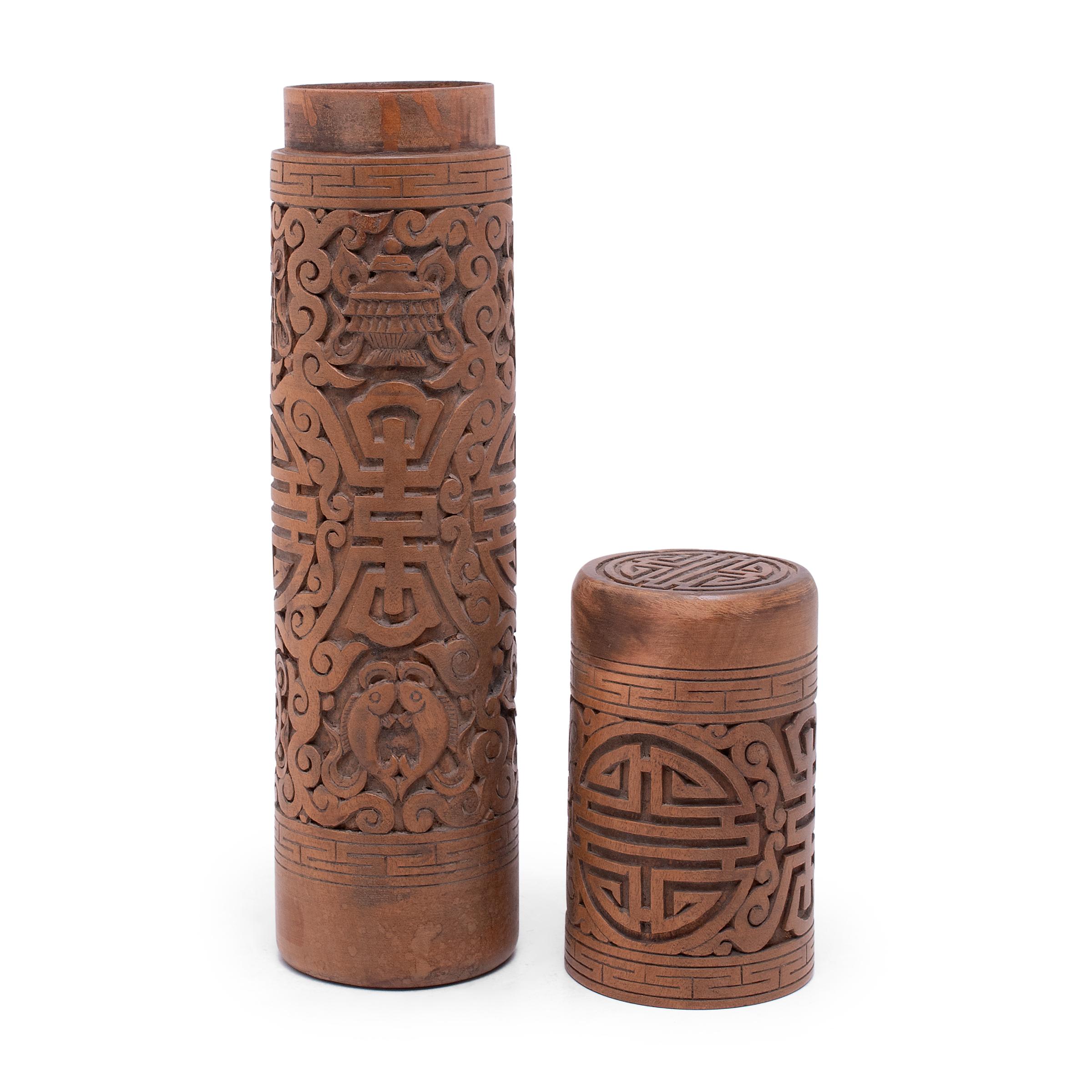 Qing Pair of Chinese Longevity Relief Scroll Cases, c. 1900 For Sale