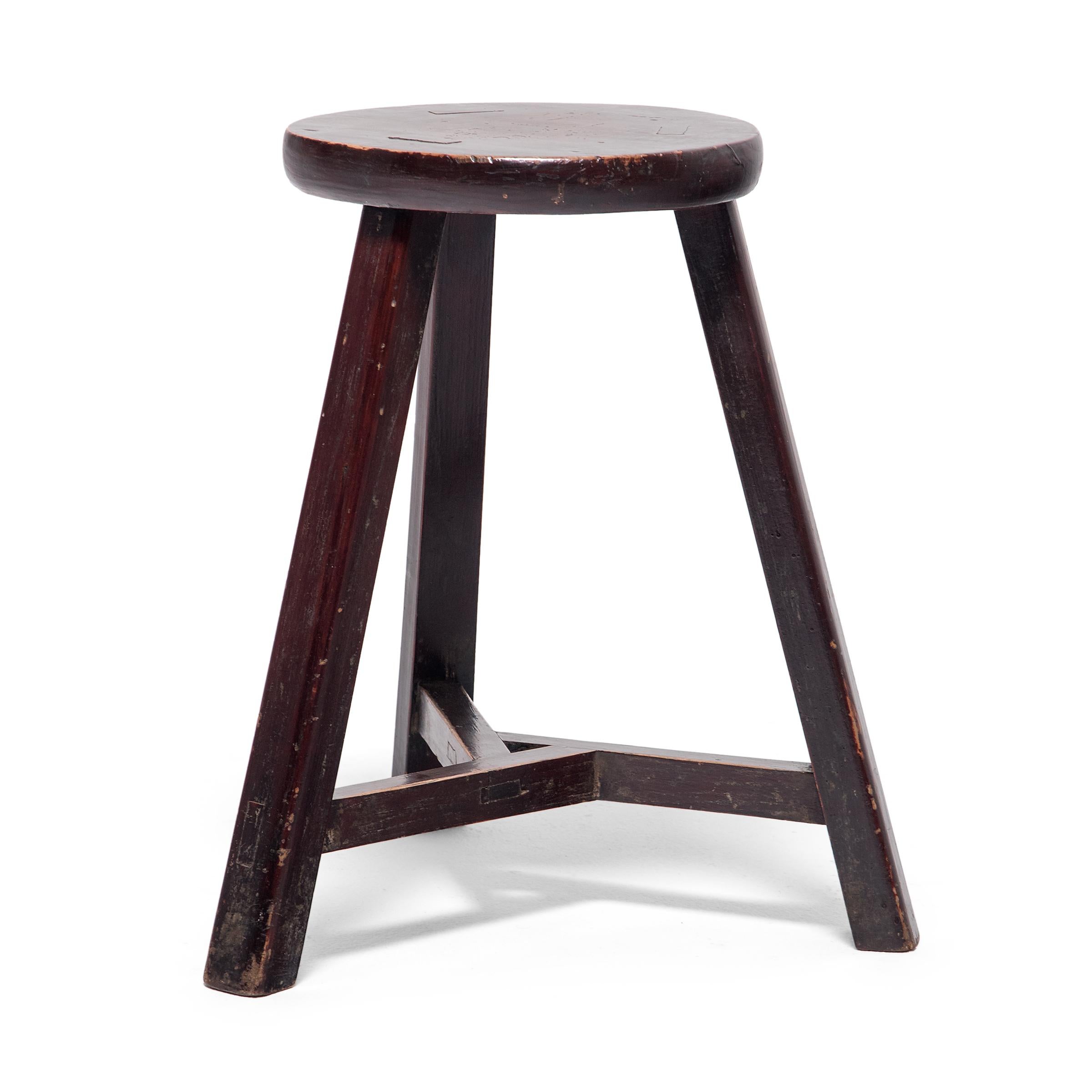 Rustic Pair of Chinese Tri-Leg Lotus Stools, circa 1900 For Sale
