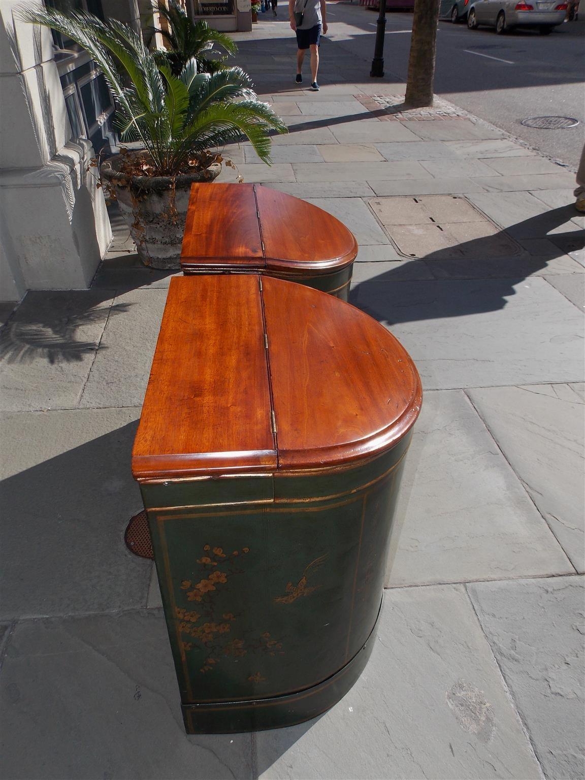 Hand-Carved Pair of Chinese Mahogany and Tin Hinged Painted Figural Tea Bins, Circa 1840 For Sale