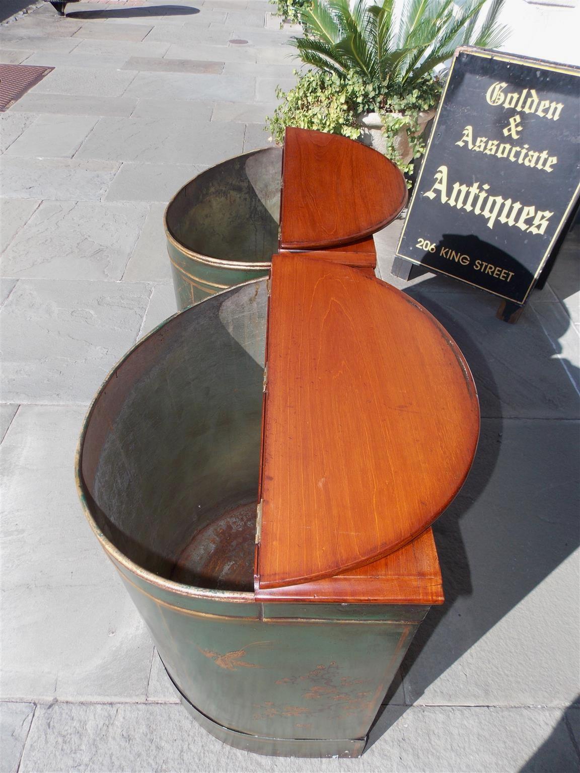 Metal Pair of Chinese Mahogany and Tin Hinged Painted Figural Tea Bins, Circa 1840 For Sale