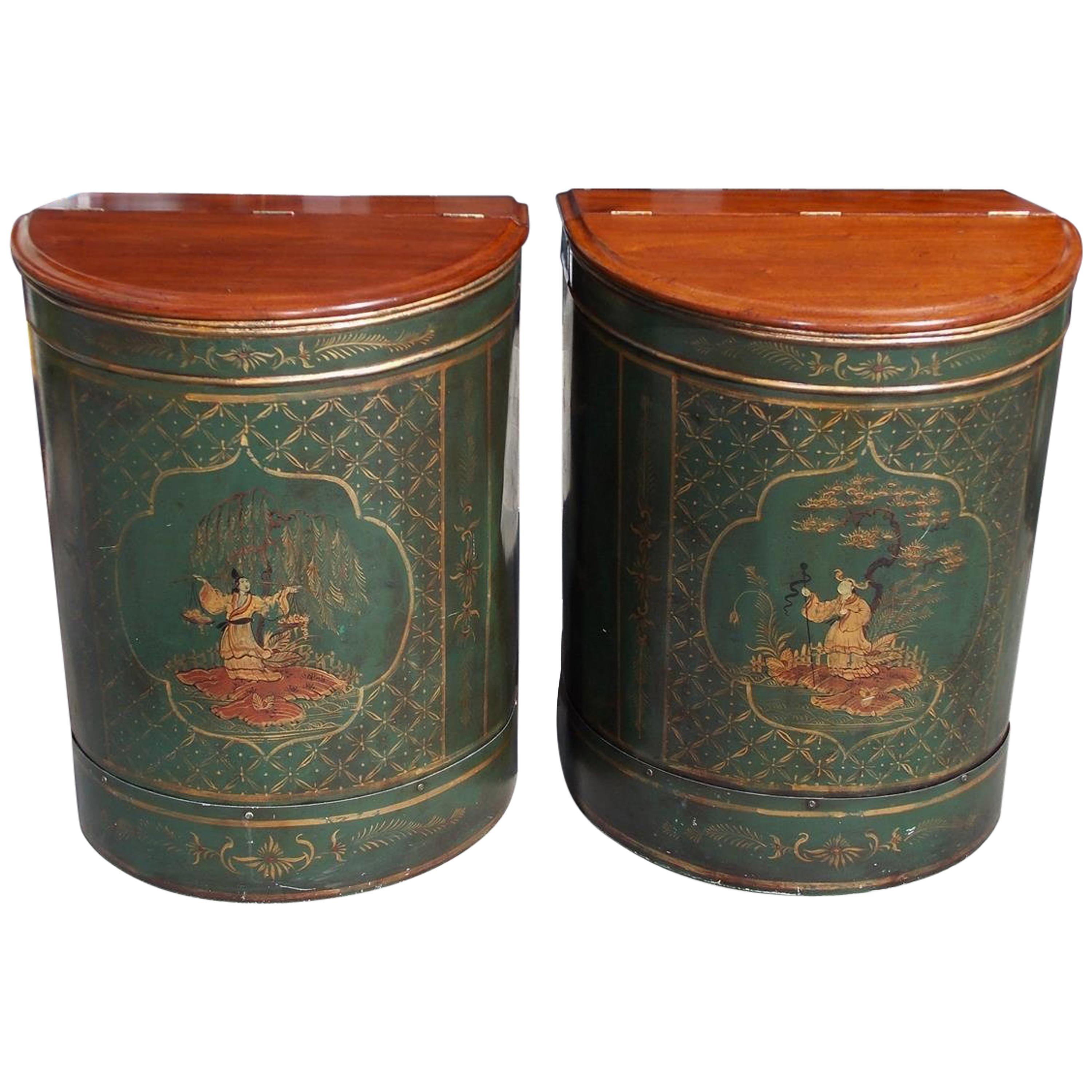 Pair of Chinese Mahogany and Tin Hinged Painted Figural Tea Bins, Circa 1840