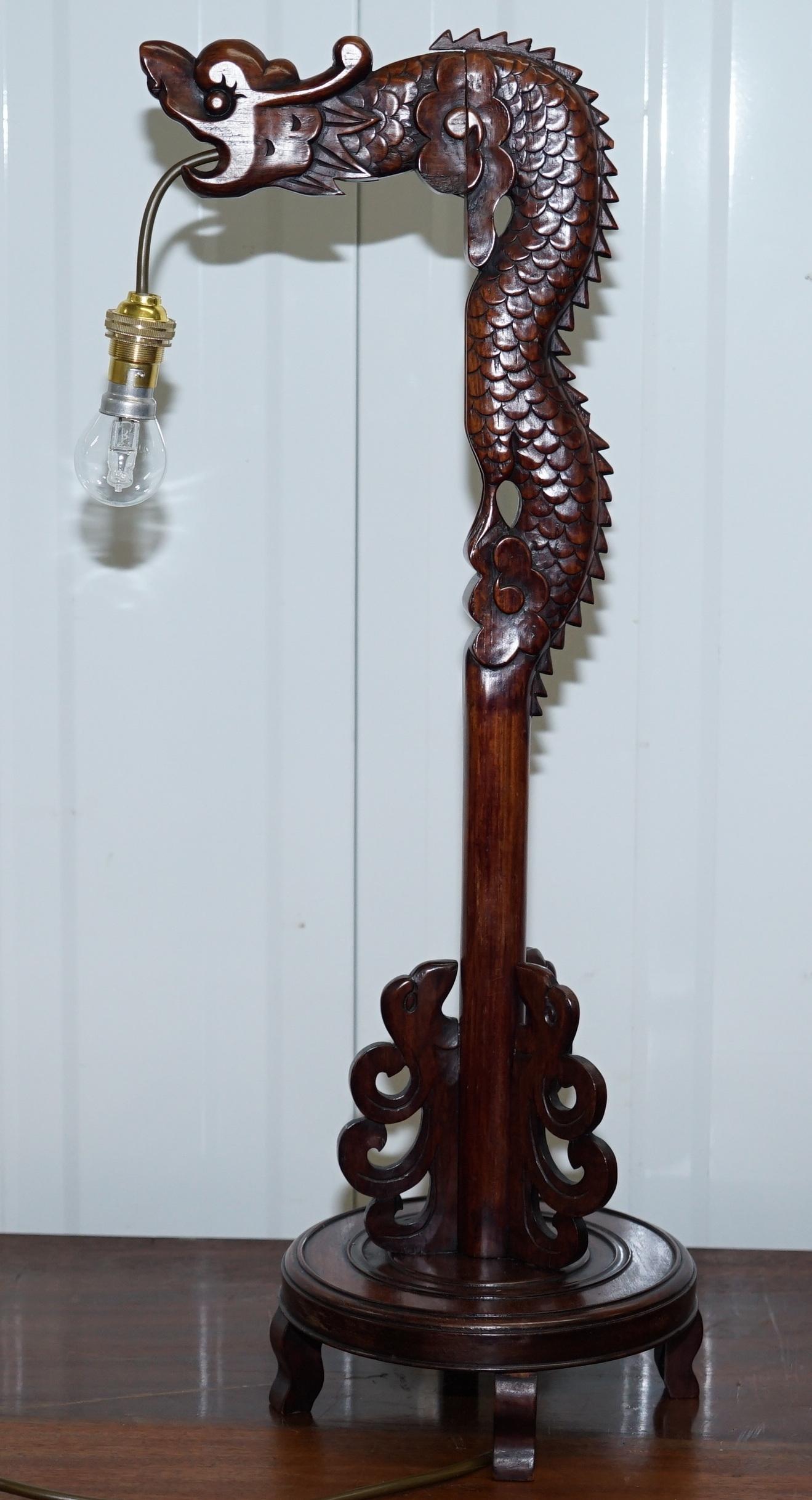 Pair of Chinese Mahogany Dragon 1920s Hand-Carved Wood Table Lamps Part of Set 3