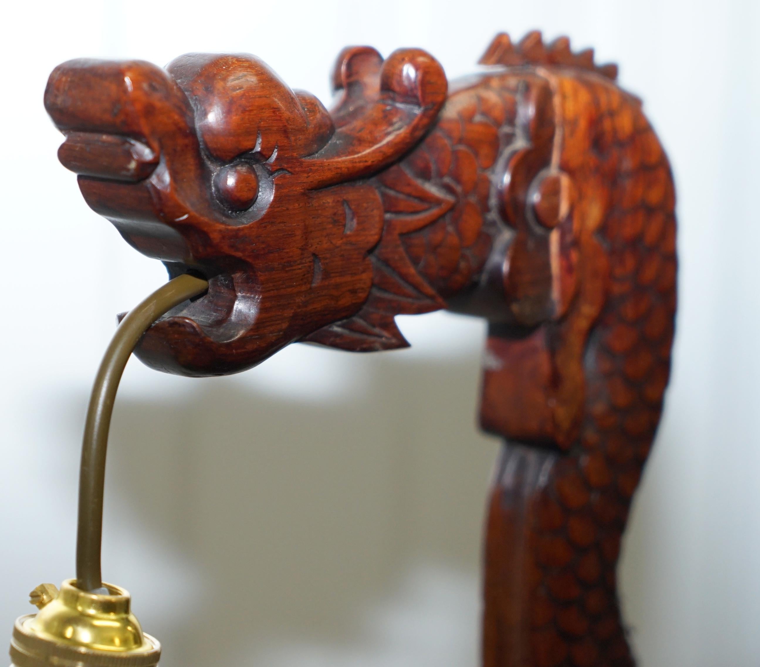 Pair of Chinese Mahogany Dragon 1920s Hand-Carved Wood Table Lamps Part of Set 5