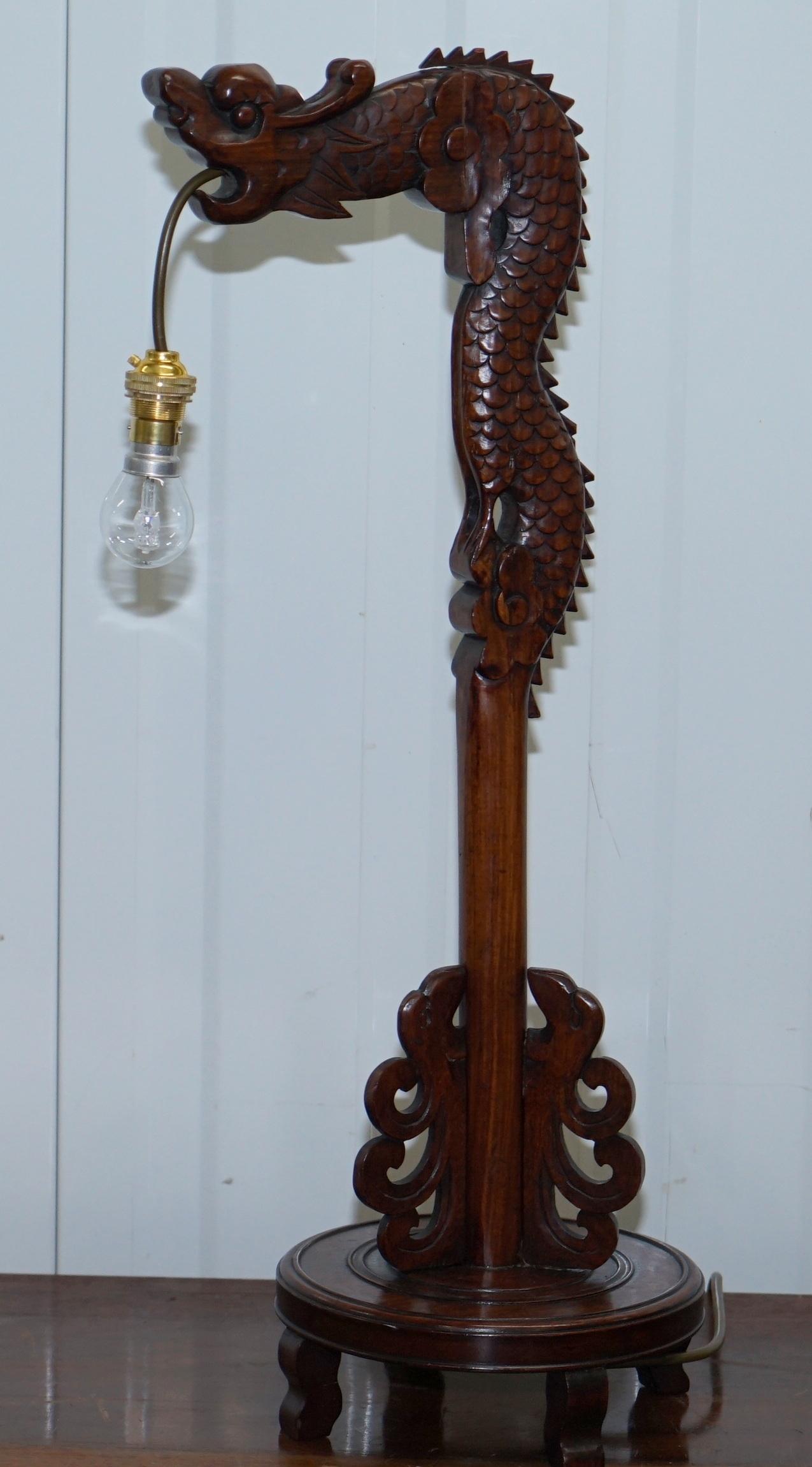 Pair of Chinese Mahogany Dragon 1920s Hand-Carved Wood Table Lamps Part of Set 6