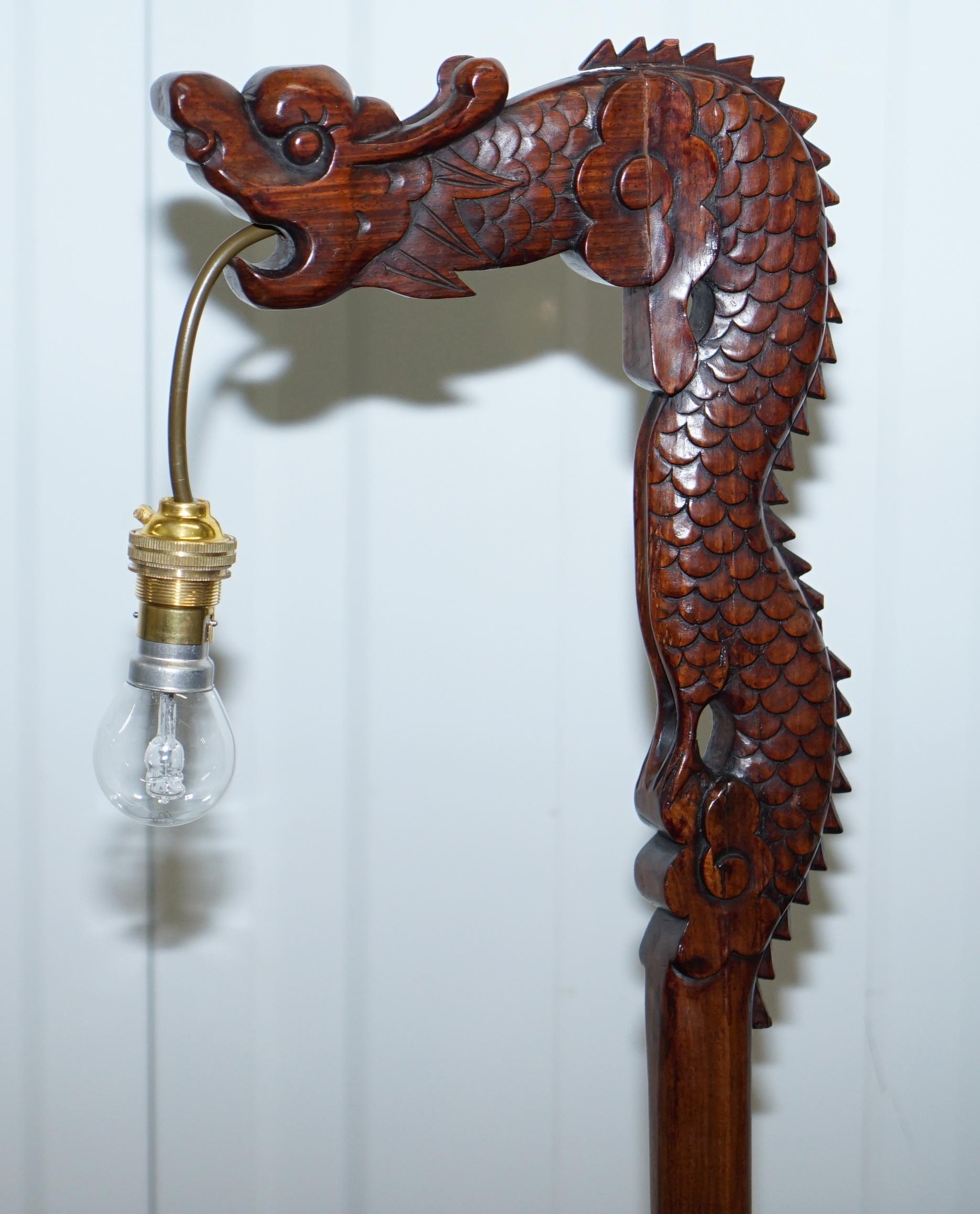Pair of Chinese Mahogany Dragon 1920s Hand-Carved Wood Table Lamps Part of Set 7