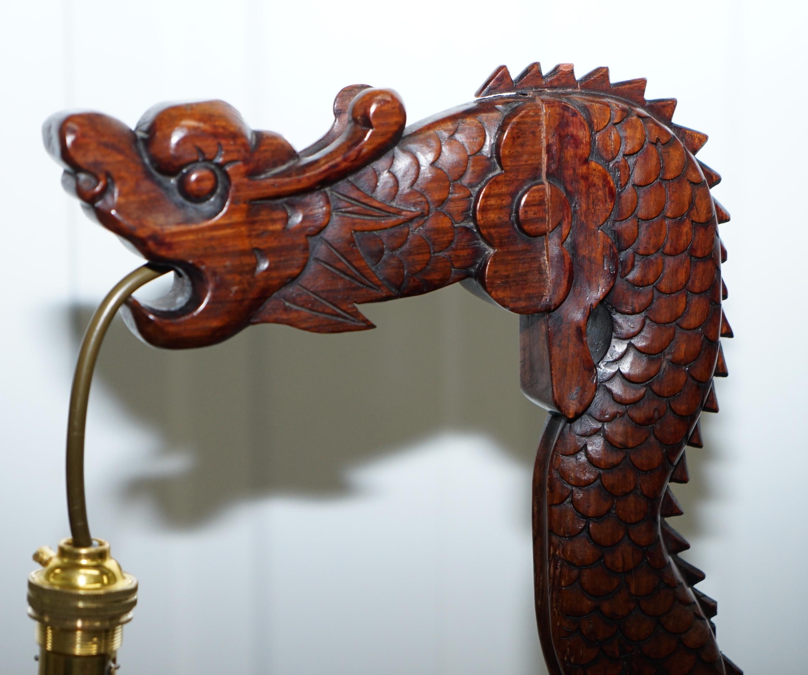 Pair of Chinese Mahogany Dragon 1920s Hand-Carved Wood Table Lamps Part of Set 8