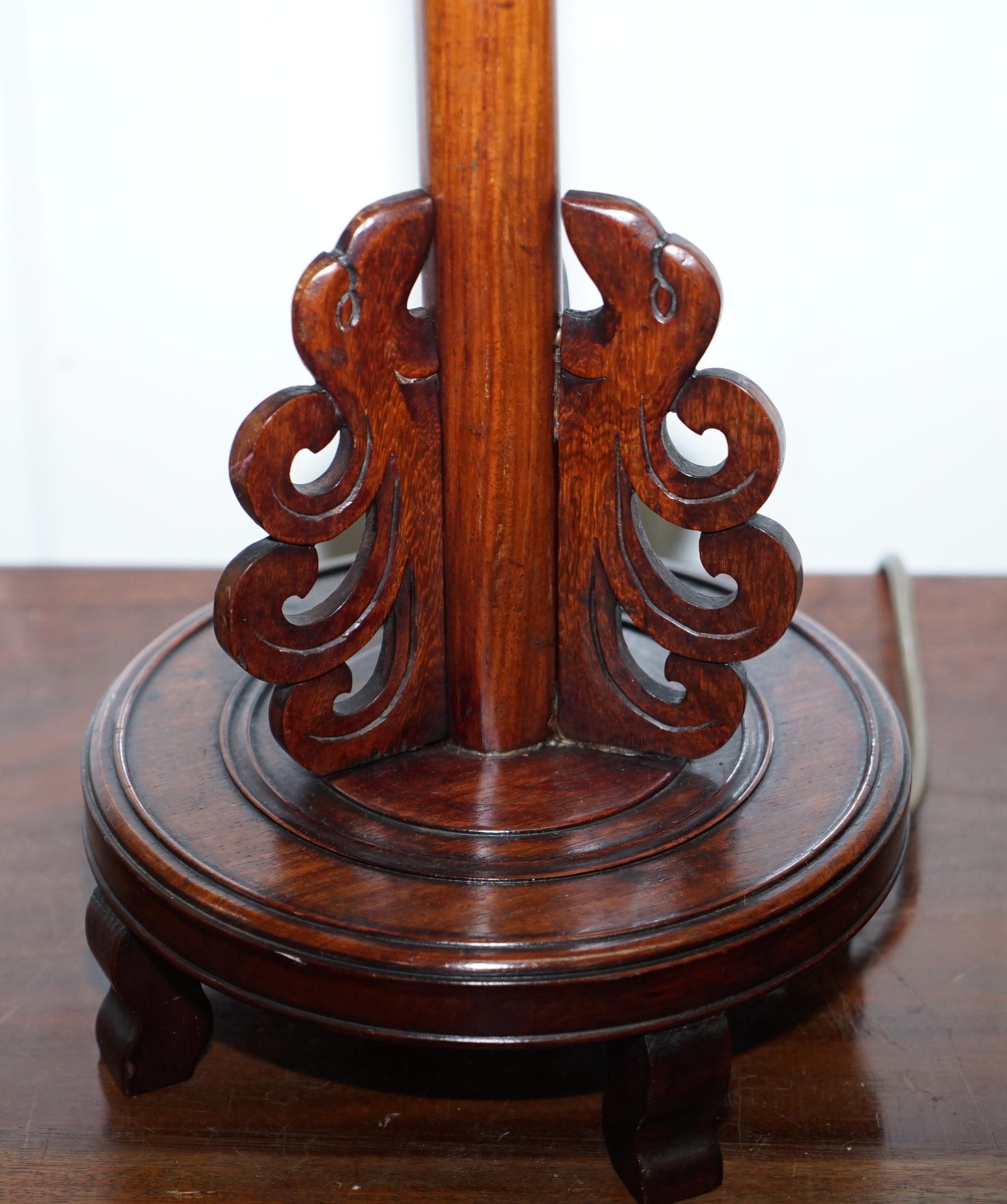 Pair of Chinese Mahogany Dragon 1920s Hand-Carved Wood Table Lamps Part of Set 10