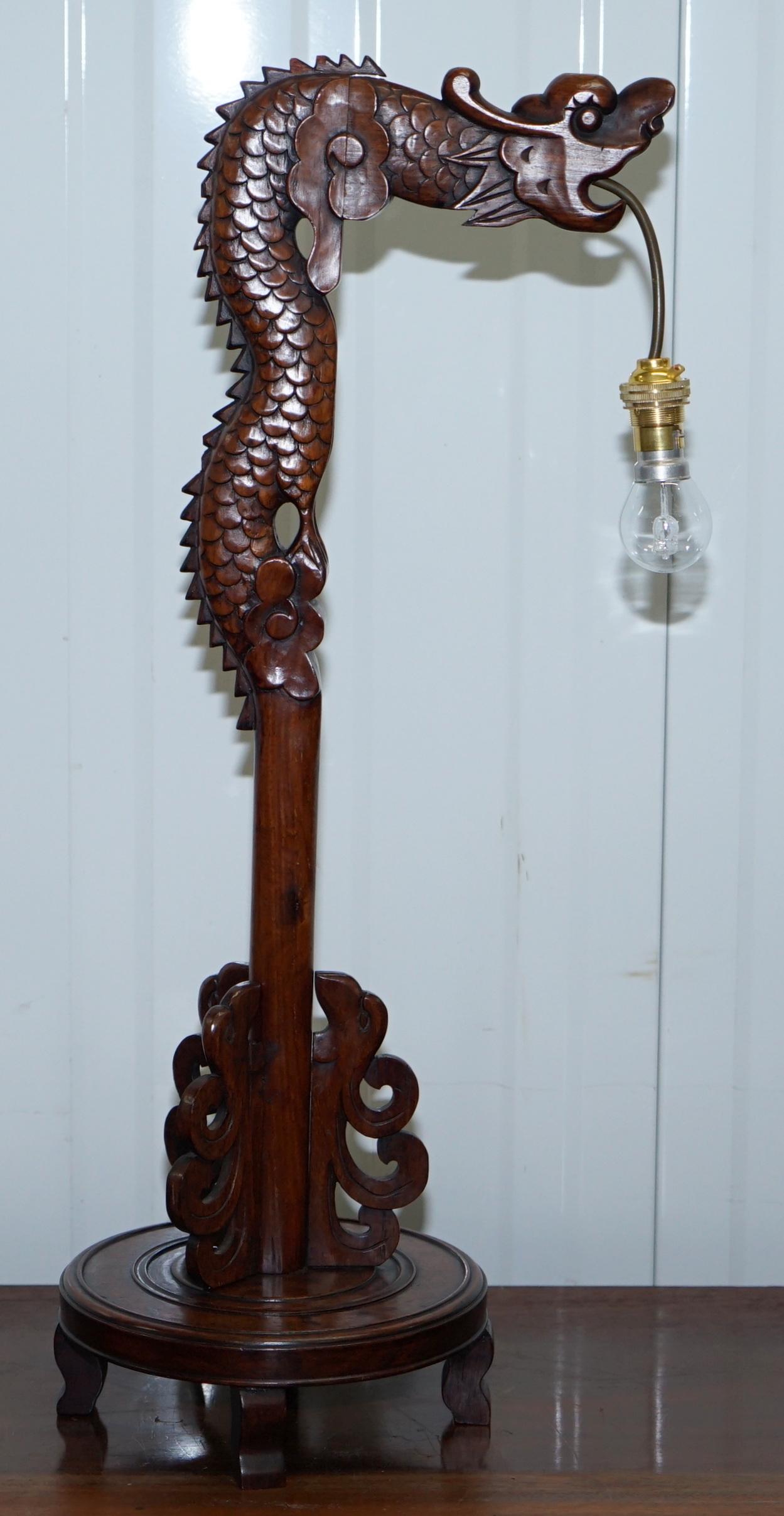 Pair of Chinese Mahogany Dragon 1920s Hand-Carved Wood Table Lamps Part of Set 11