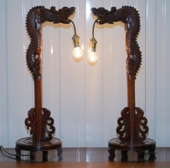 Pair of Chinese Mahogany Dragon 1920s Hand-Carved Wood Table Lamps Part of Set