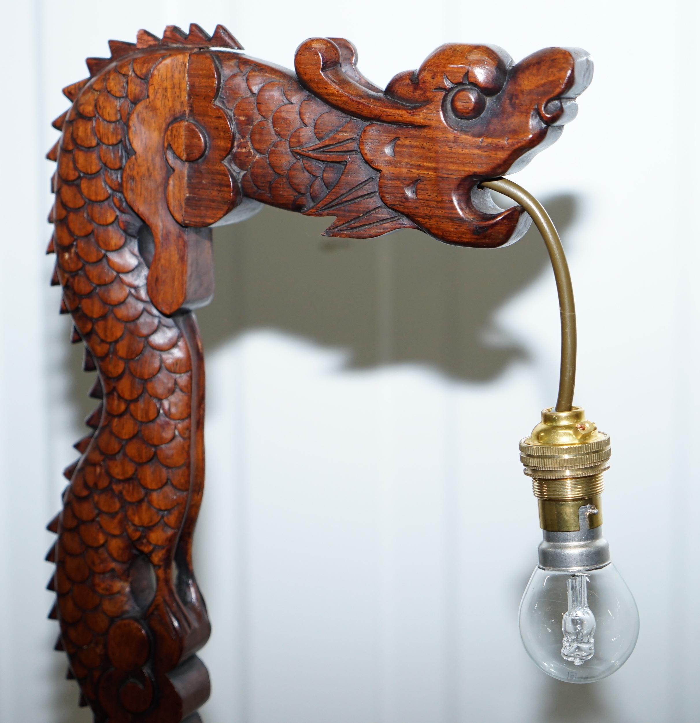 Pair of Chinese Mahogany Dragon 1920s Hand-Carved Wood Table Lamps Part of Set 13