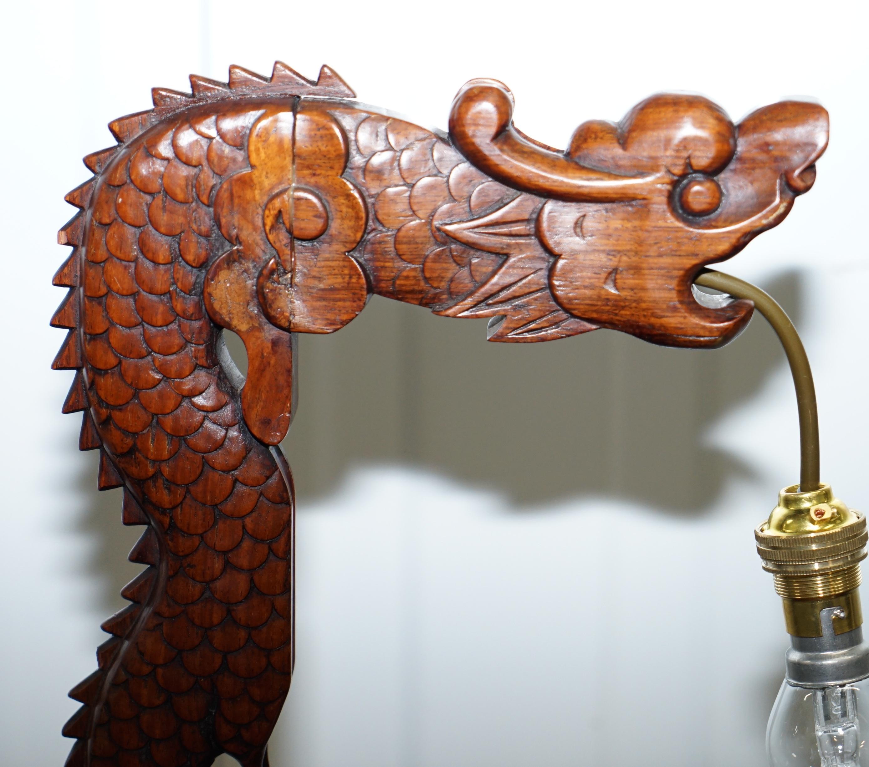 Chinese Export Pair of Chinese Mahogany Dragon 1920s Hand-Carved Wood Table Lamps Part of Set