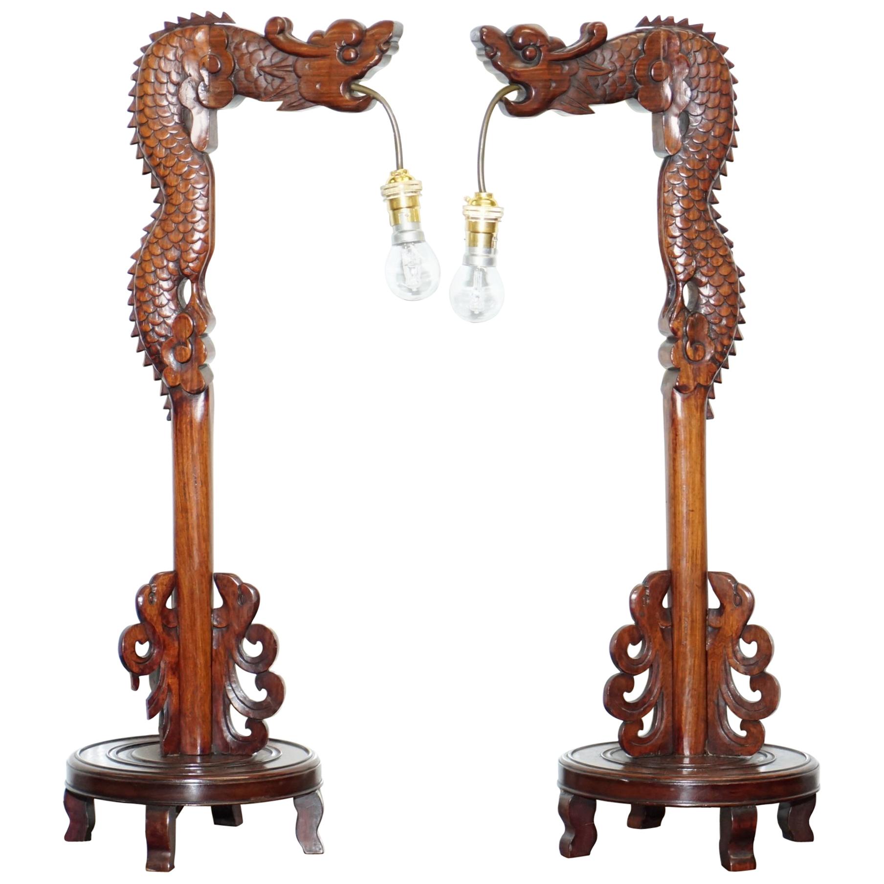 Pair of Chinese Mahogany Dragon 1920s Hand-Carved Wood Table Lamps Part of Set