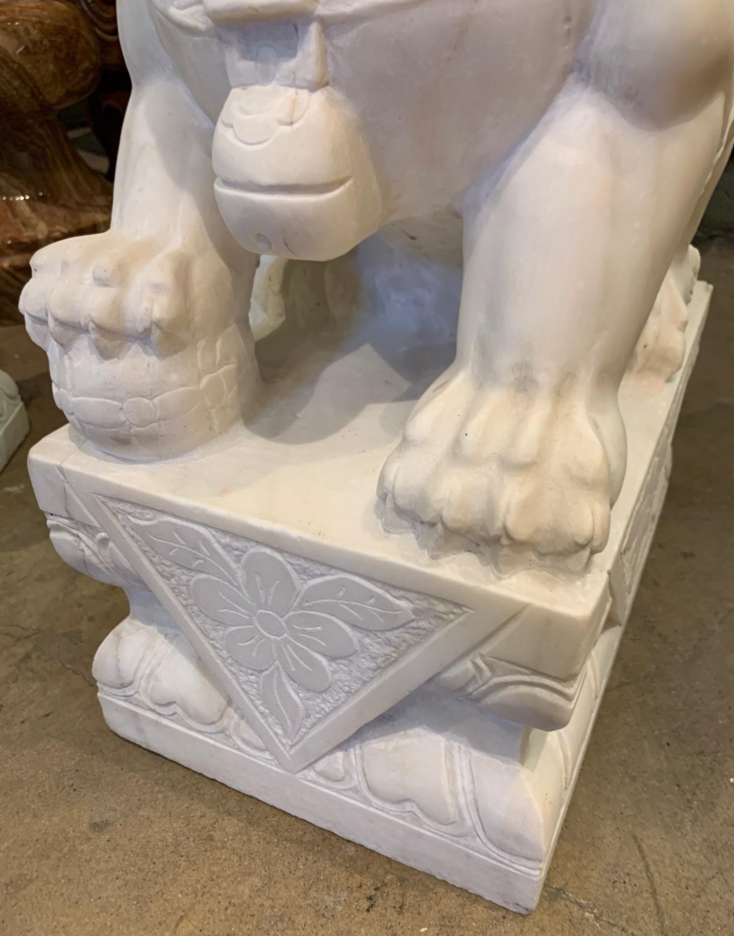 Late 20th Century Pair of Chinese Marble Foo Dogs For Sale