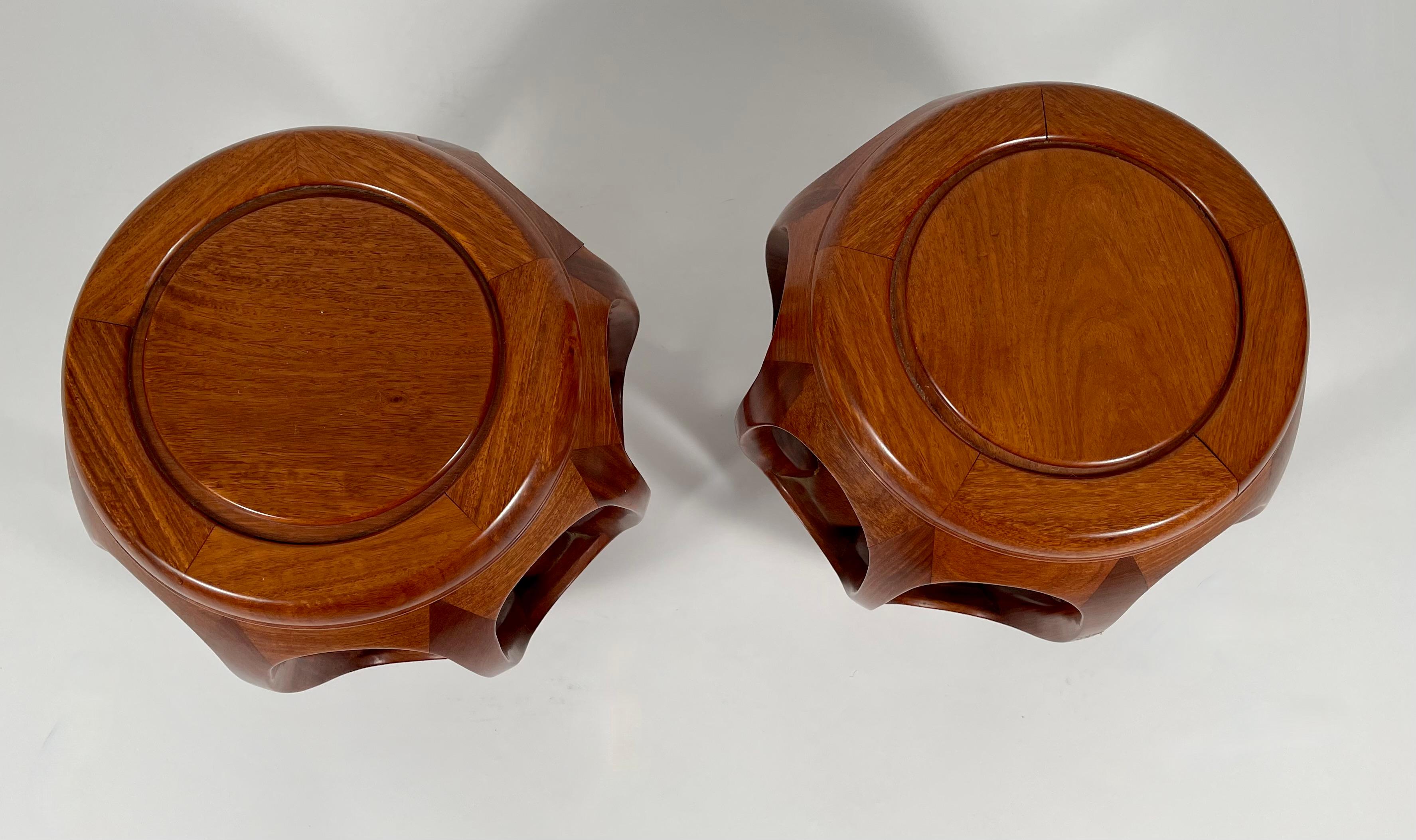 Carved Pair of Chinese Melon-Form Hardwood Stools, Drinks Tables