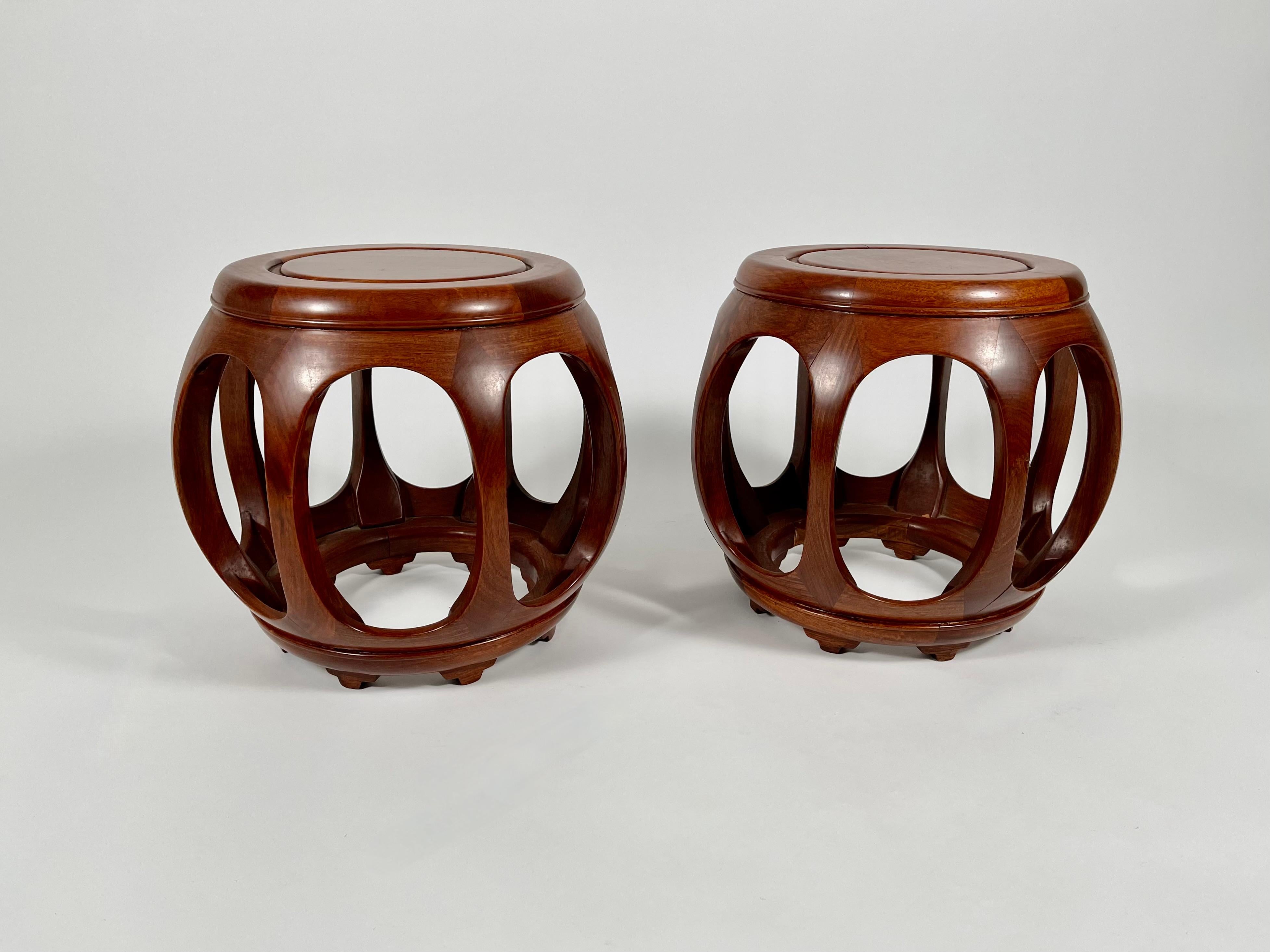 20th Century Pair of Chinese Melon-Form Hardwood Stools, Drinks Tables