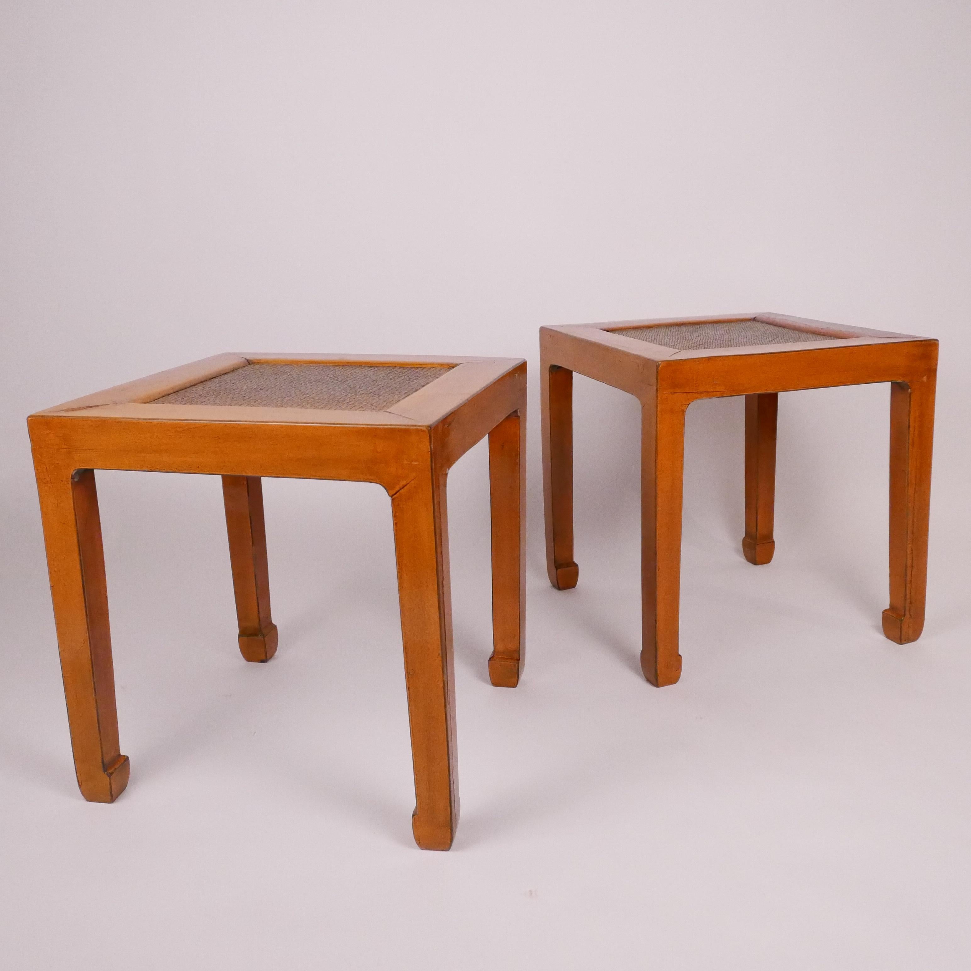 Heavy pair of lovely Asian end tables used by Edward Wormley.
Provenance: Property from a CT. house redecorated and furnished by Edward Wormley & Associates, 1957-1958 . Gorgeous construction and patina.