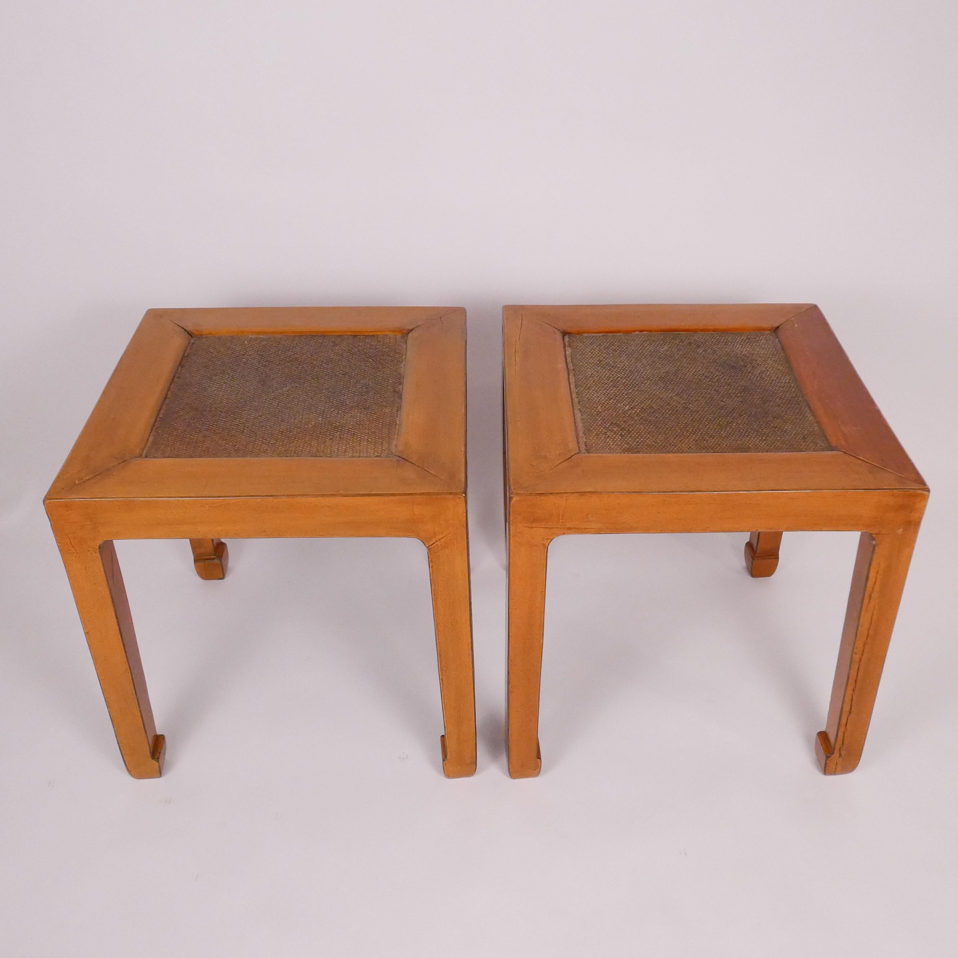 Chinoiserie Pair of Chinese Midcentury Modern Lacquer and Rattan Low Tables