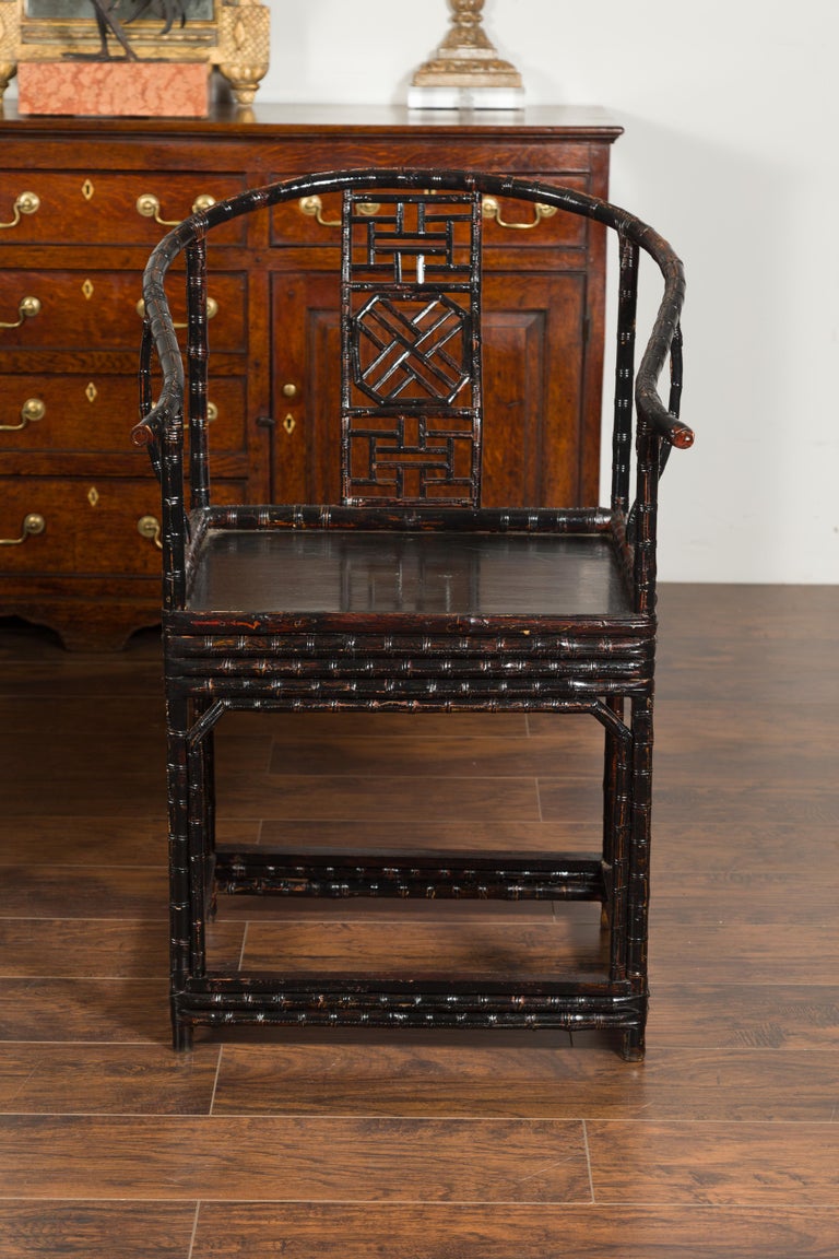 Fretwork Pair of Chinese Ming Dynasty Style 1920s Horseshoe Back Bamboo Armchairs For Sale