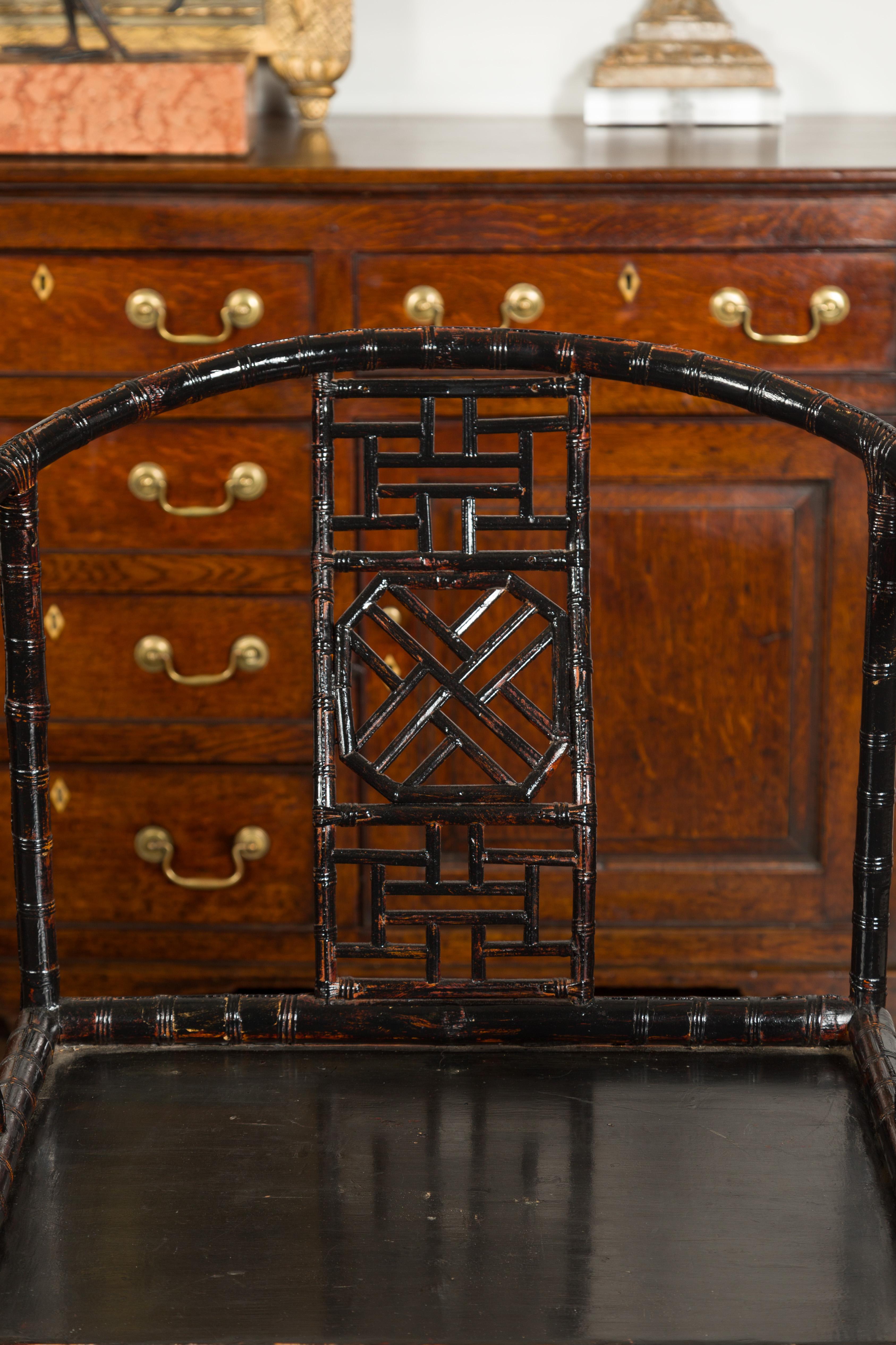 Fretwork Pair of Chinese Ming Dynasty Style 1920s Horseshoe Back Bamboo Armchairs For Sale