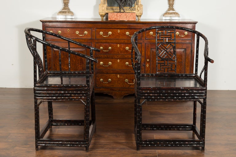 Pair of Chinese Ming Dynasty Style 1920s Horseshoe Back Bamboo Armchairs For Sale 1
