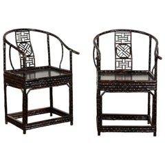 Pair of Chinese Ming Dynasty Style 1920s Horseshoe Back Bamboo Armchairs