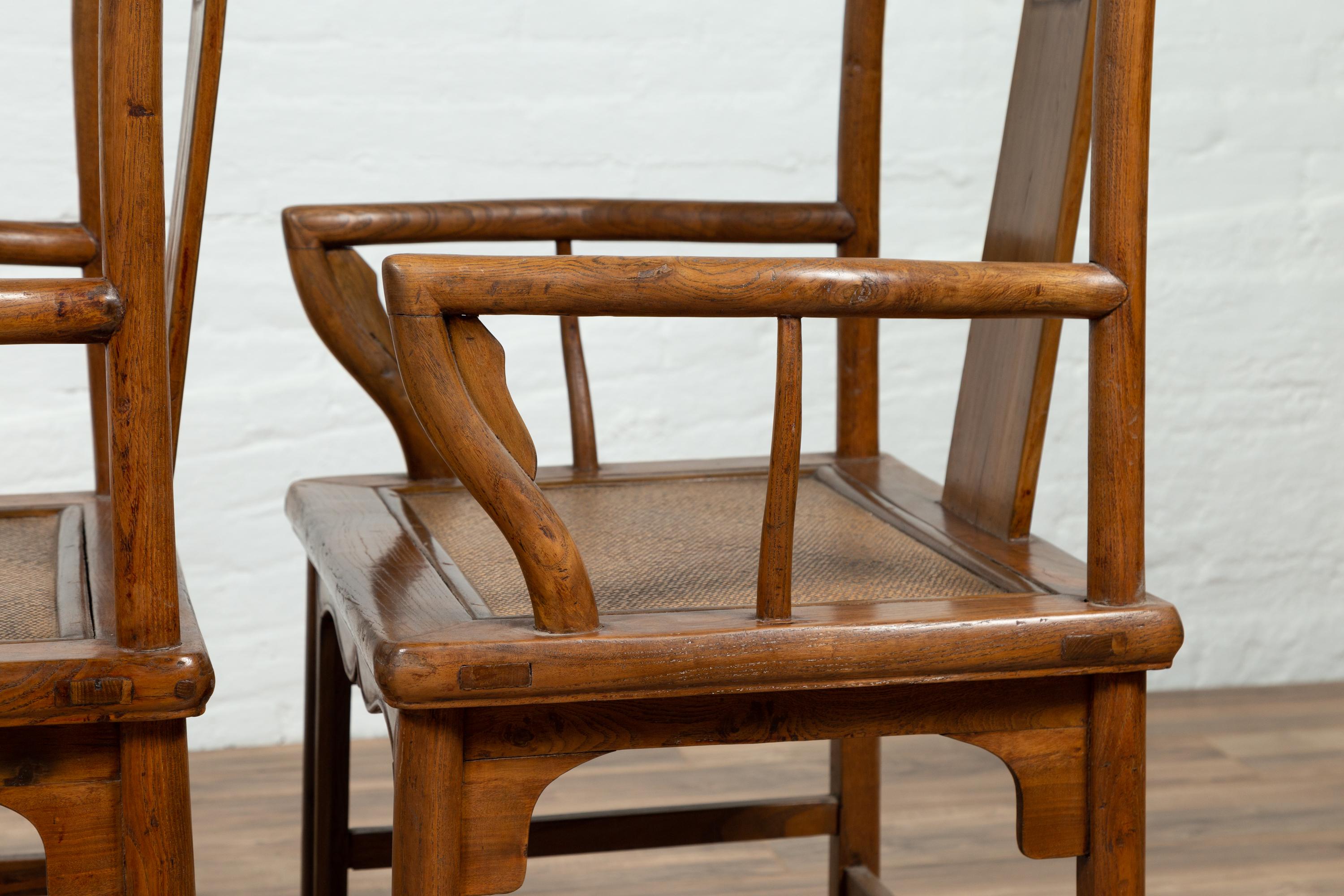 Pair of Chinese Ming Dynasty Style Elmwood Scholar' Armchairs with Rattan Seats For Sale 11