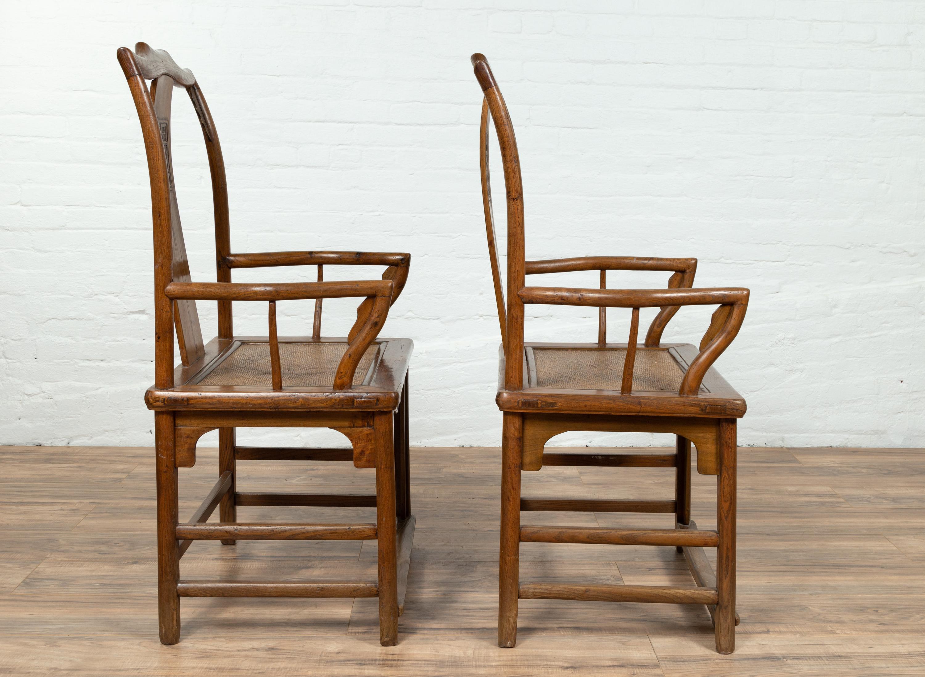 20th Century Pair of Chinese Ming Dynasty Style Elmwood Scholar' Armchairs with Rattan Seats For Sale