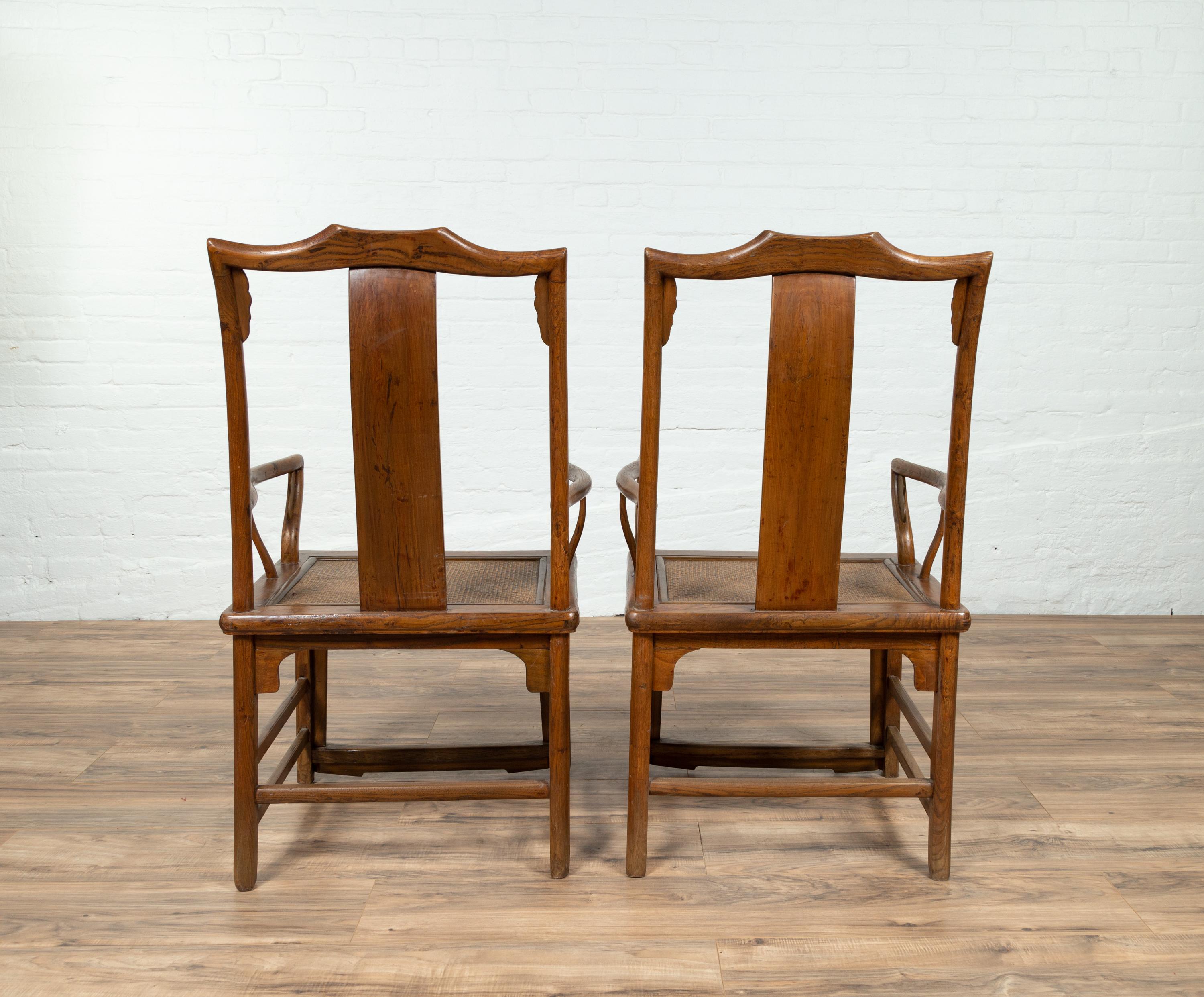 Pair of Chinese Ming Dynasty Style Elmwood Scholar' Armchairs with Rattan Seats For Sale 1
