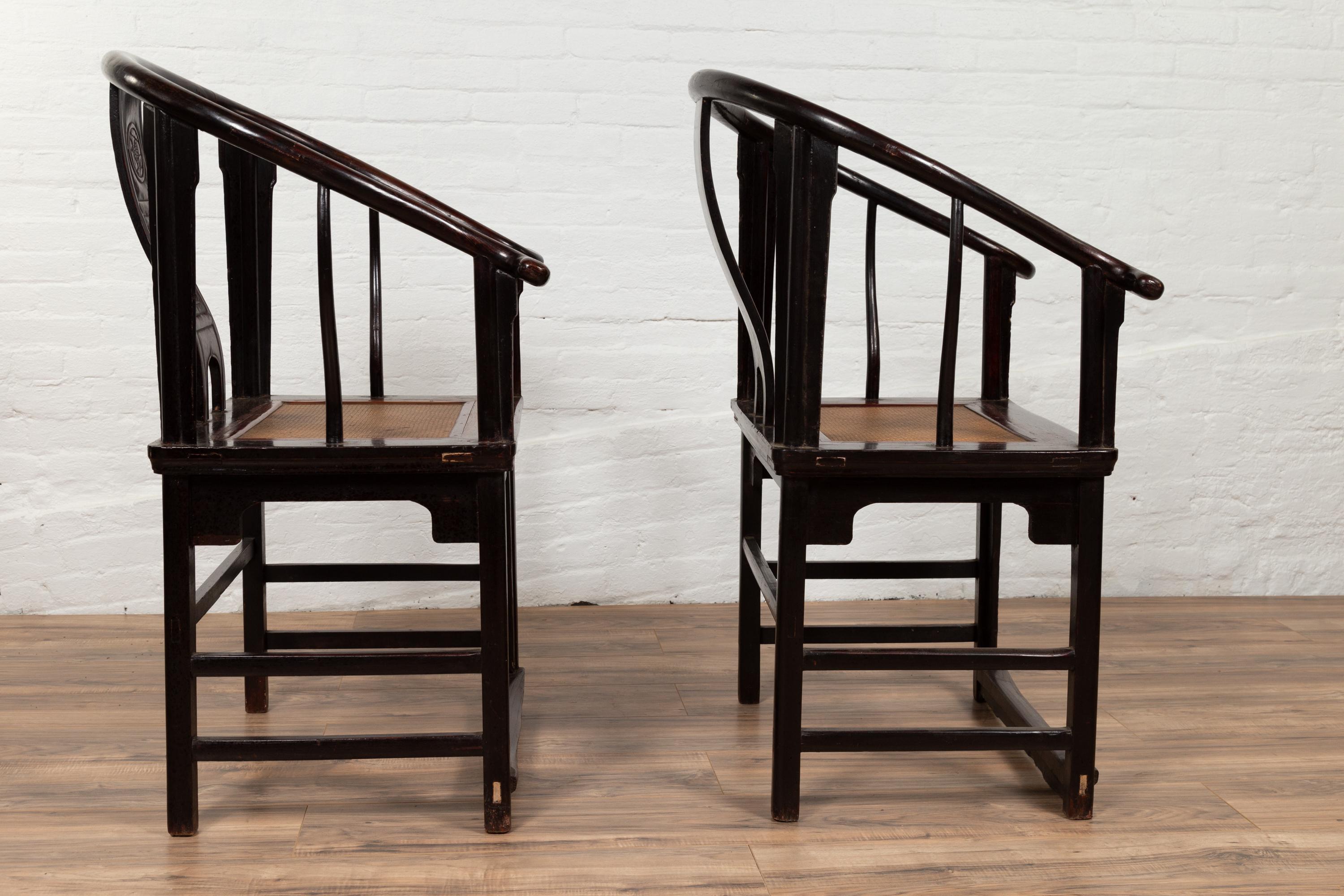 Pair of Chinese Ming Dynasty Style Horseshoe Back Armchairs with Dark Patina 3