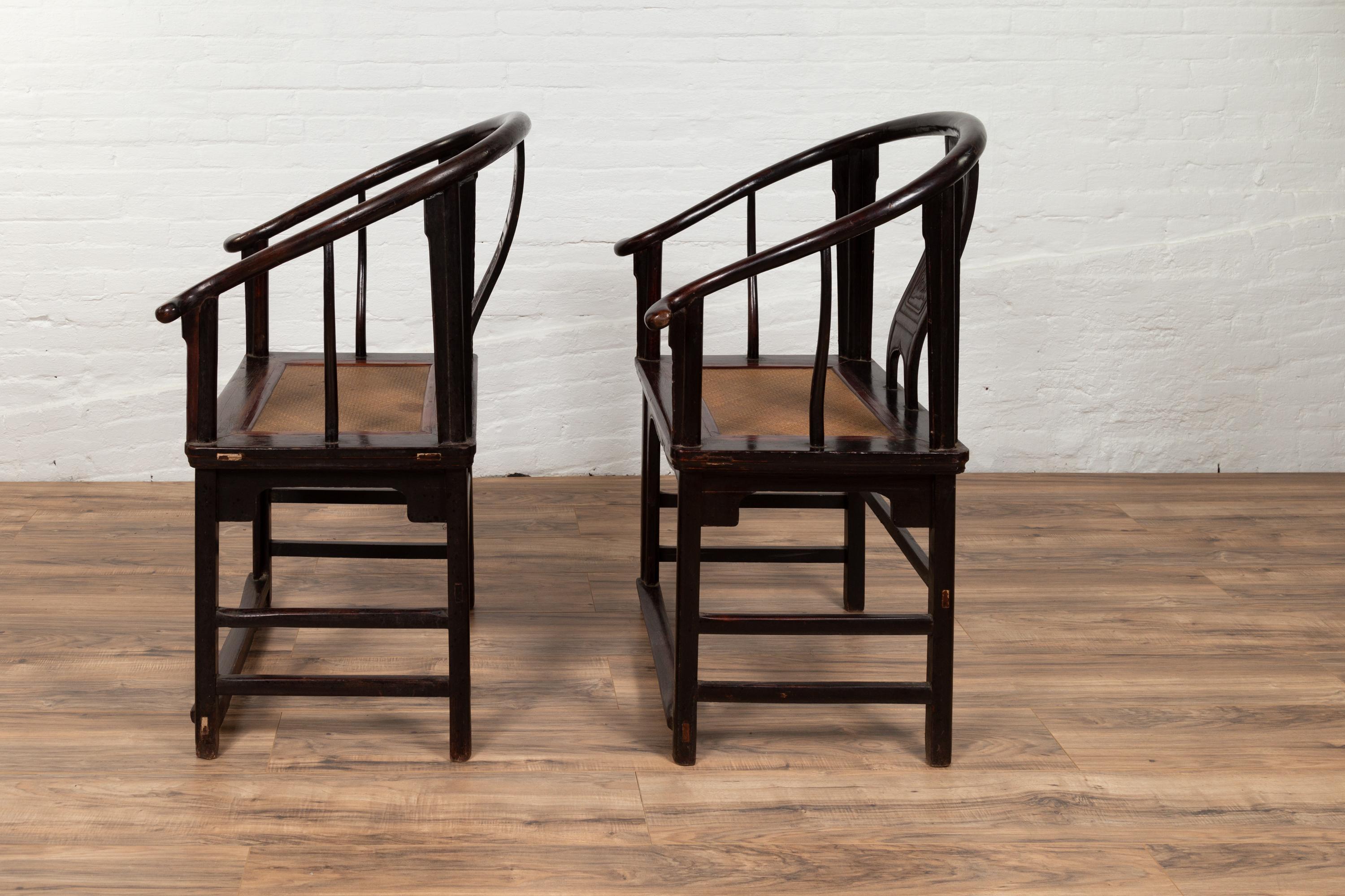 Pair of Chinese Ming Dynasty Style Horseshoe Back Armchairs with Dark Patina 5