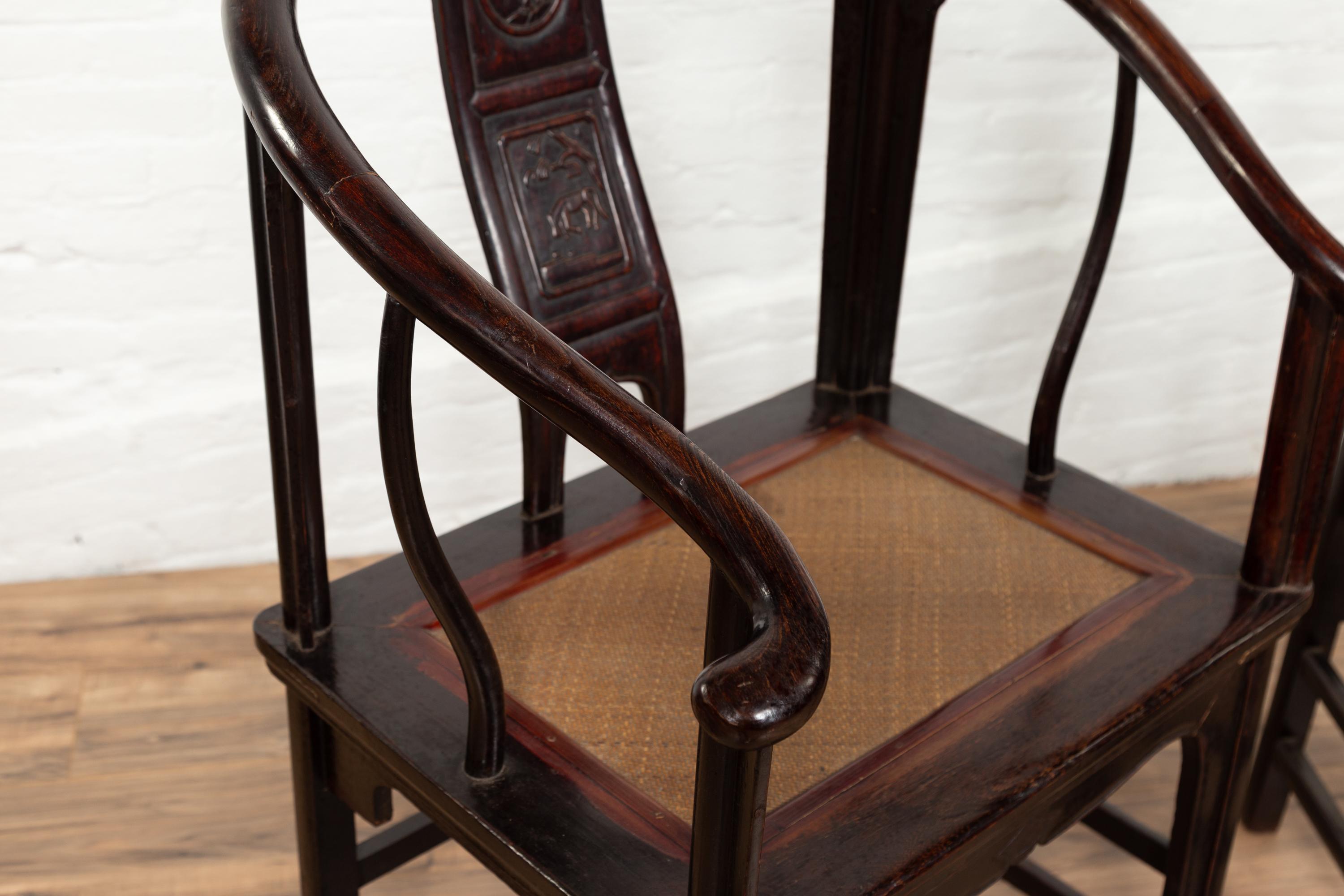 Pair of Chinese Ming Dynasty Style Horseshoe Back Armchairs with Dark Patina 1