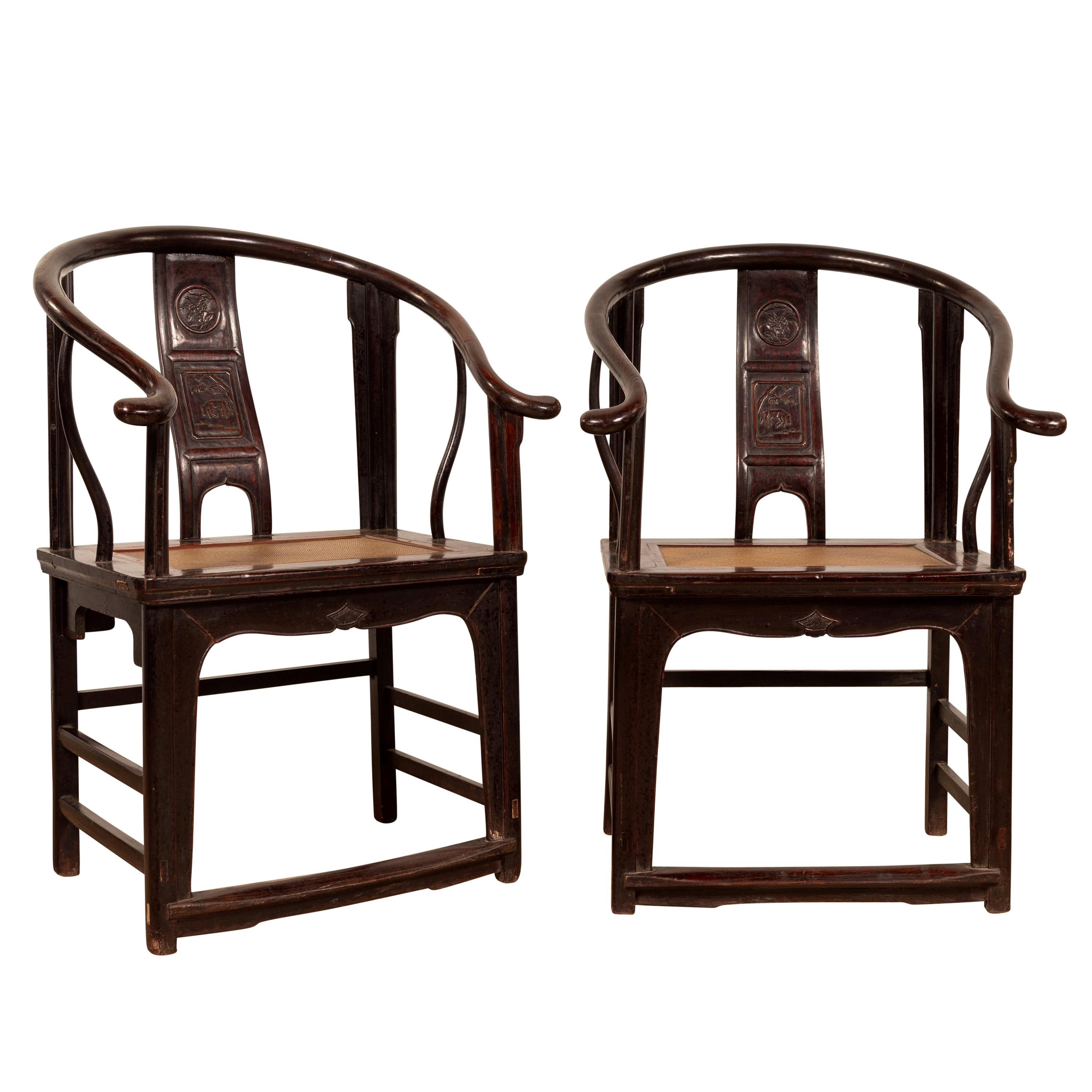 Pair of Chinese Ming Dynasty Style Horseshoe Back Armchairs with Dark Patina